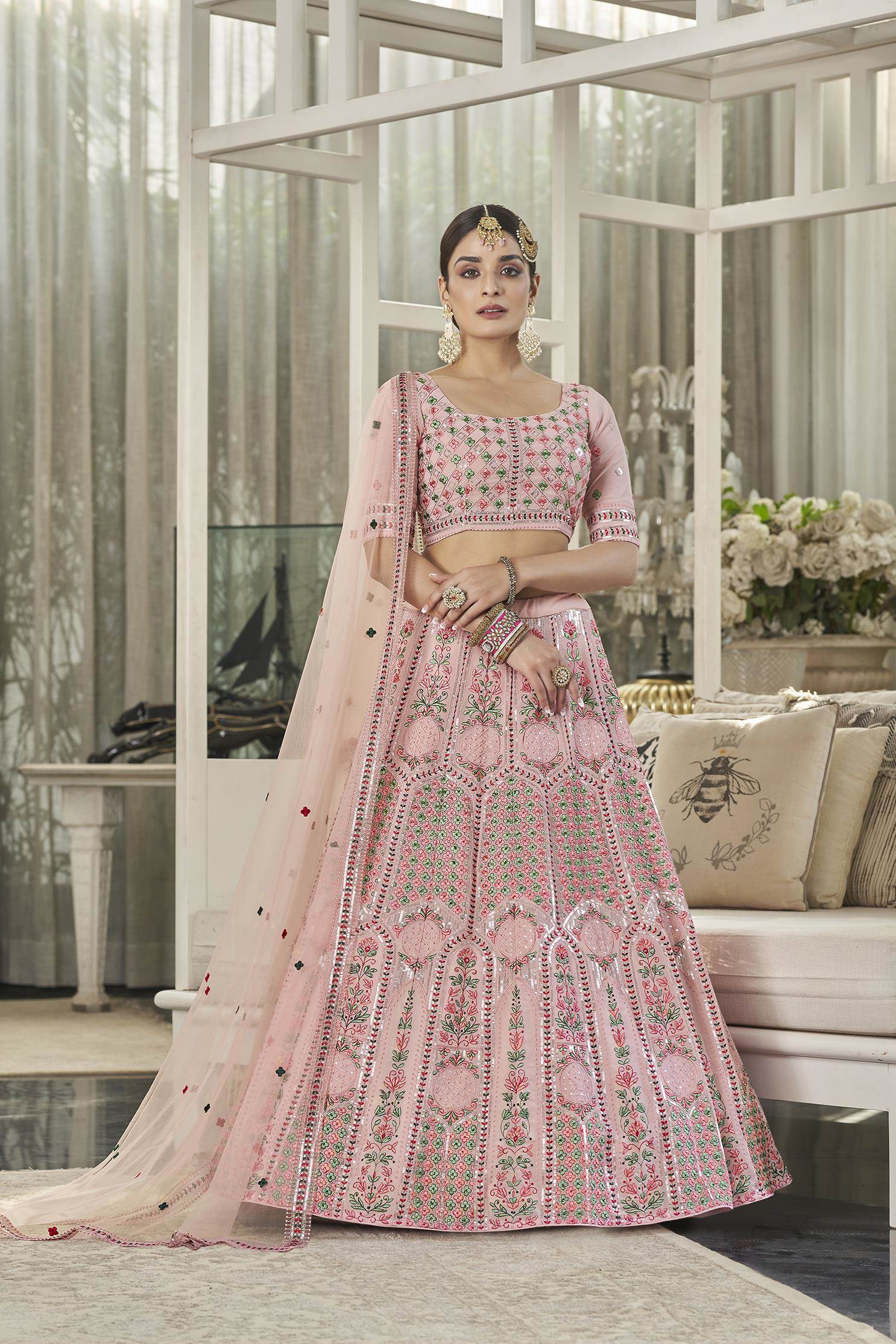 Pink Dori Embroidered Lehenga Choli In Crape 2404LG04