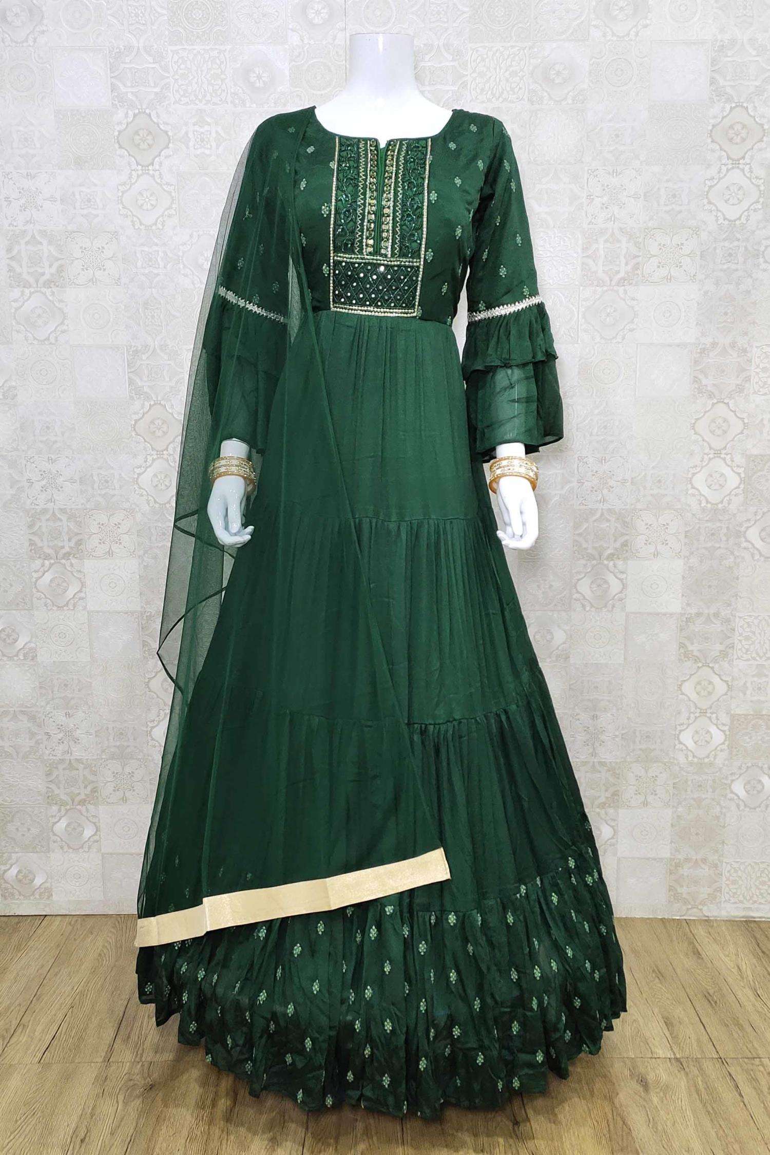 Green Fully Stitched Party Wear Chinon Silk Gown, Pant and Dupatta