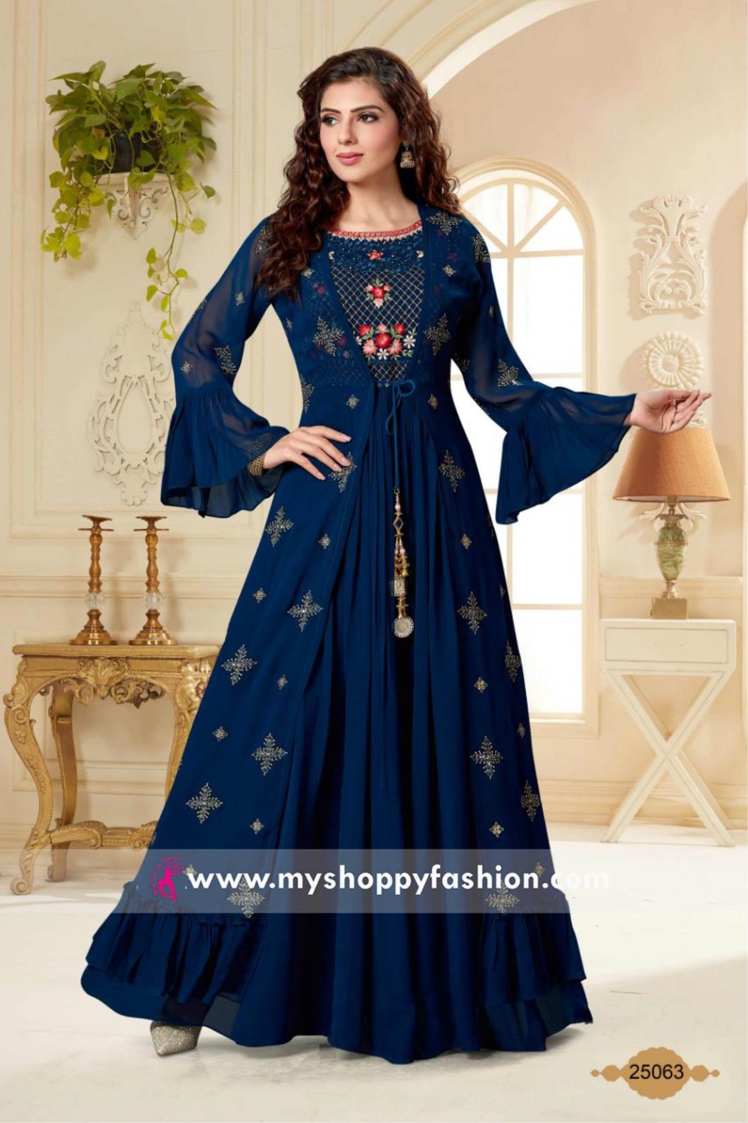 Shop Multicolored Bell Sleeves Embroidered Gown Party Wear Online at Best  Price | Cbazaar