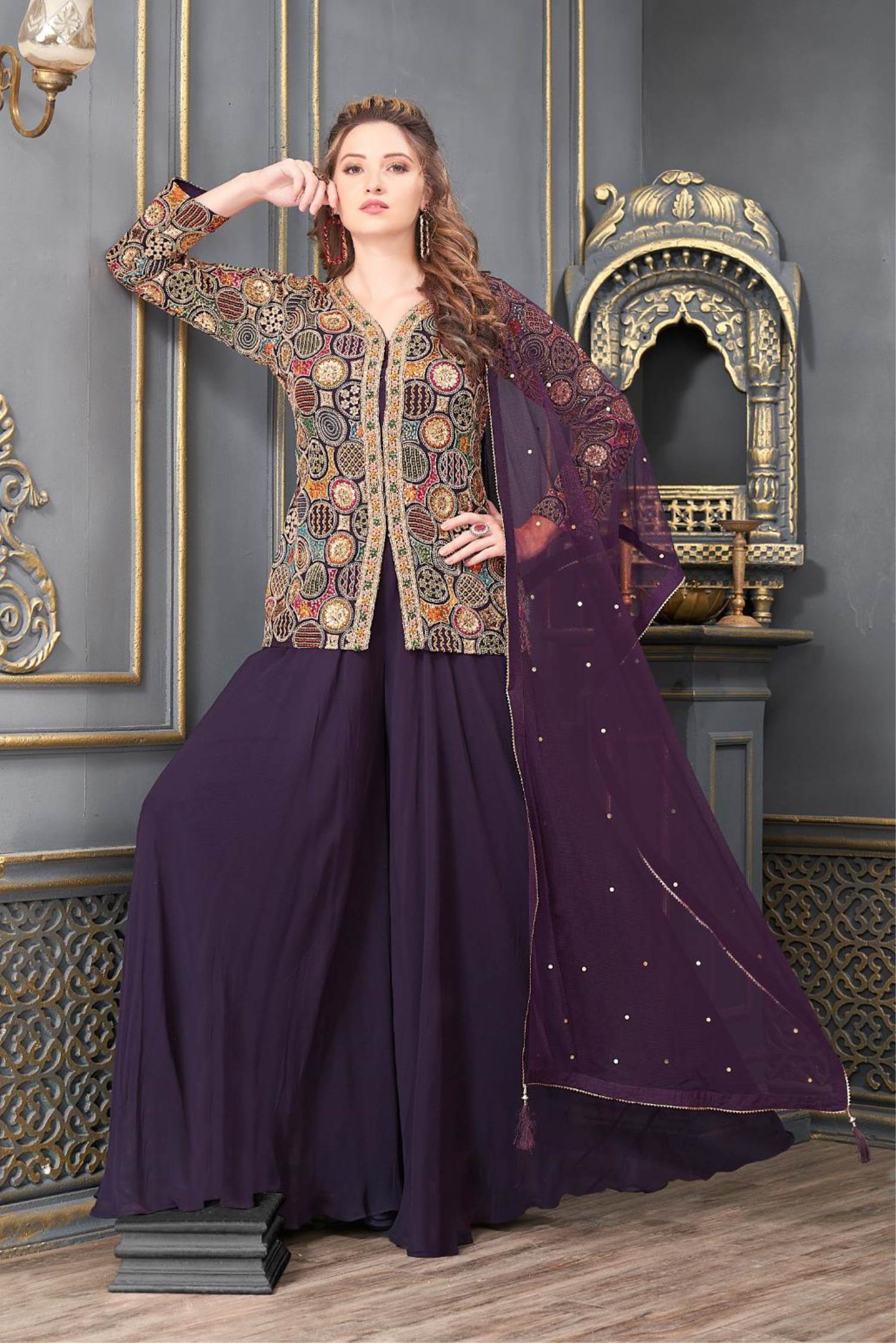 Readymade Wine Color Embroidered 3pcs Suit at Rs.1599/Piece in malerkotla  offer by Fashion Cloth House