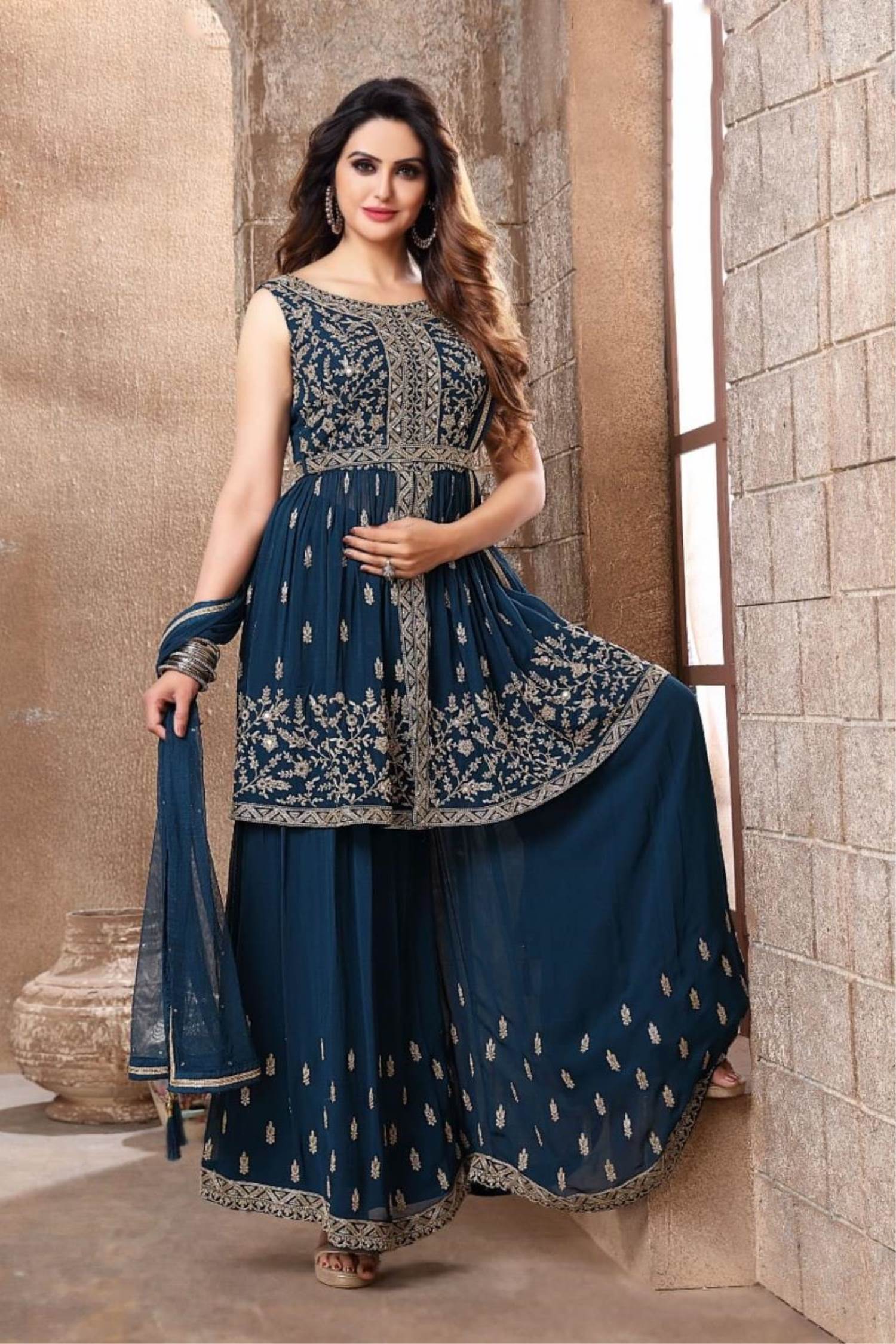 Amazing Peacock Blue Color Women's Wear Faux Georgette & Codding Embroidery  Work Suit