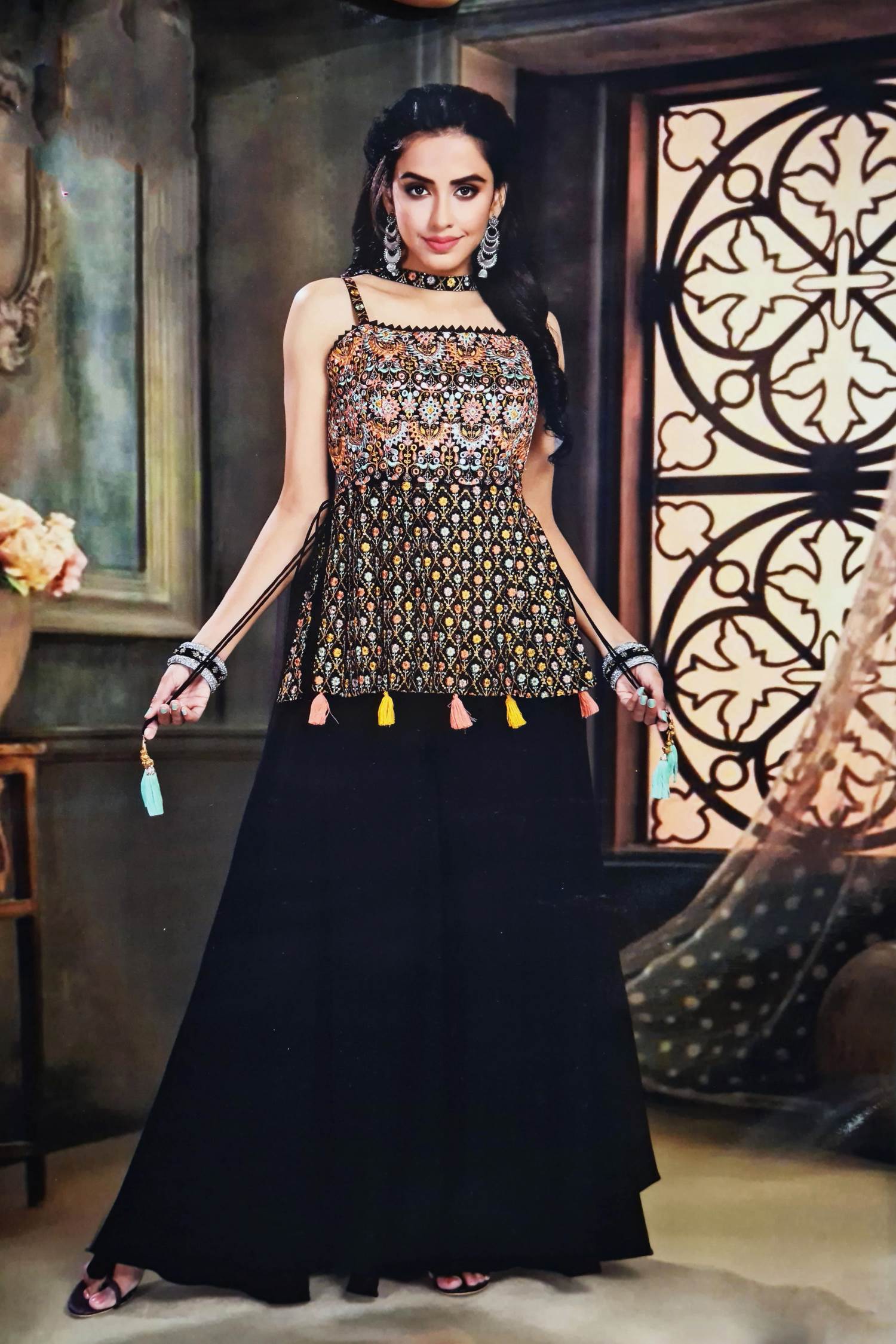 Palazzo Suits : Black tapeta silk plazzo salwar suit