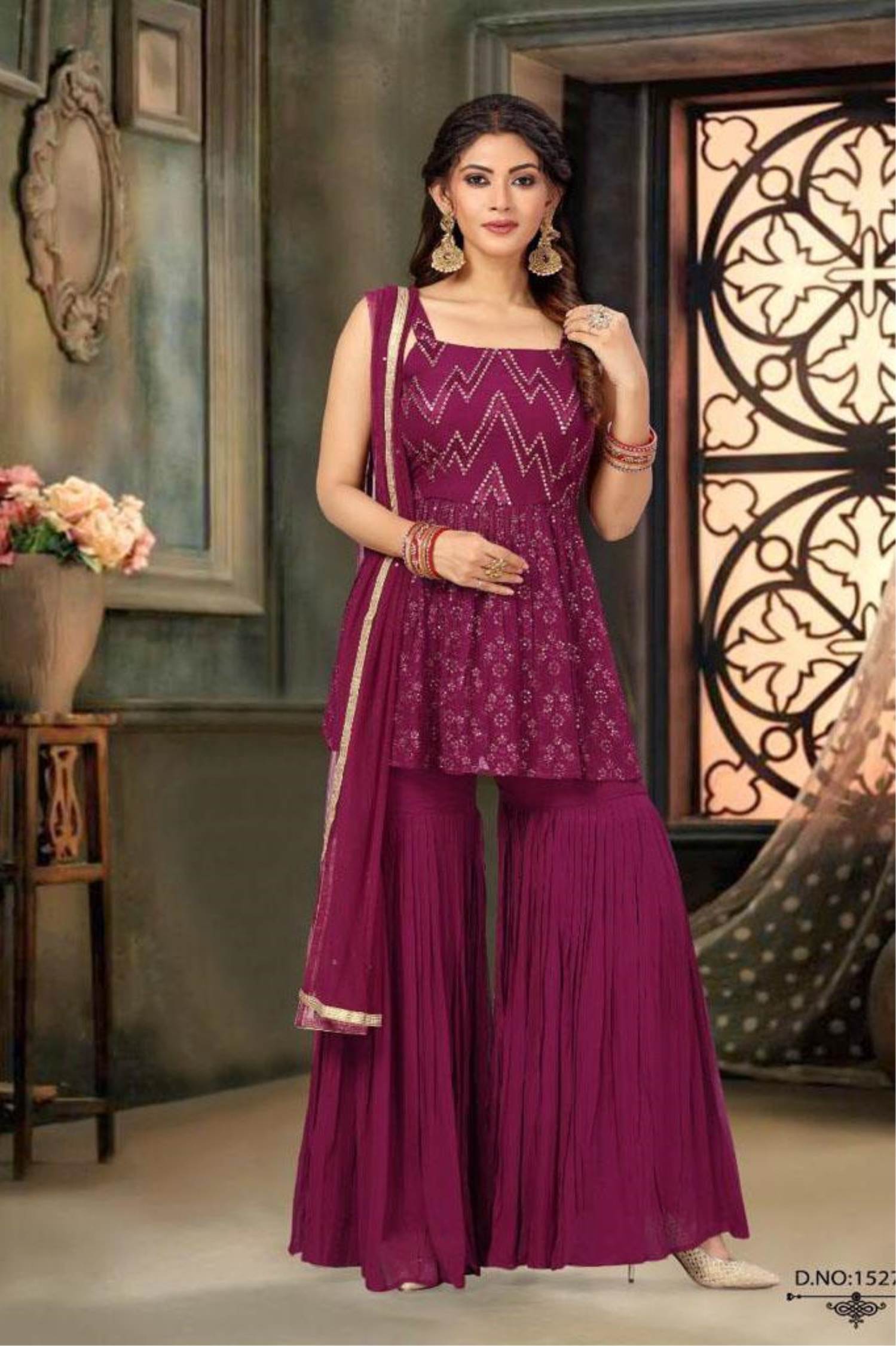 Buy Wine n Peach Crepe Garara Suit For Women Online - Frontierraas