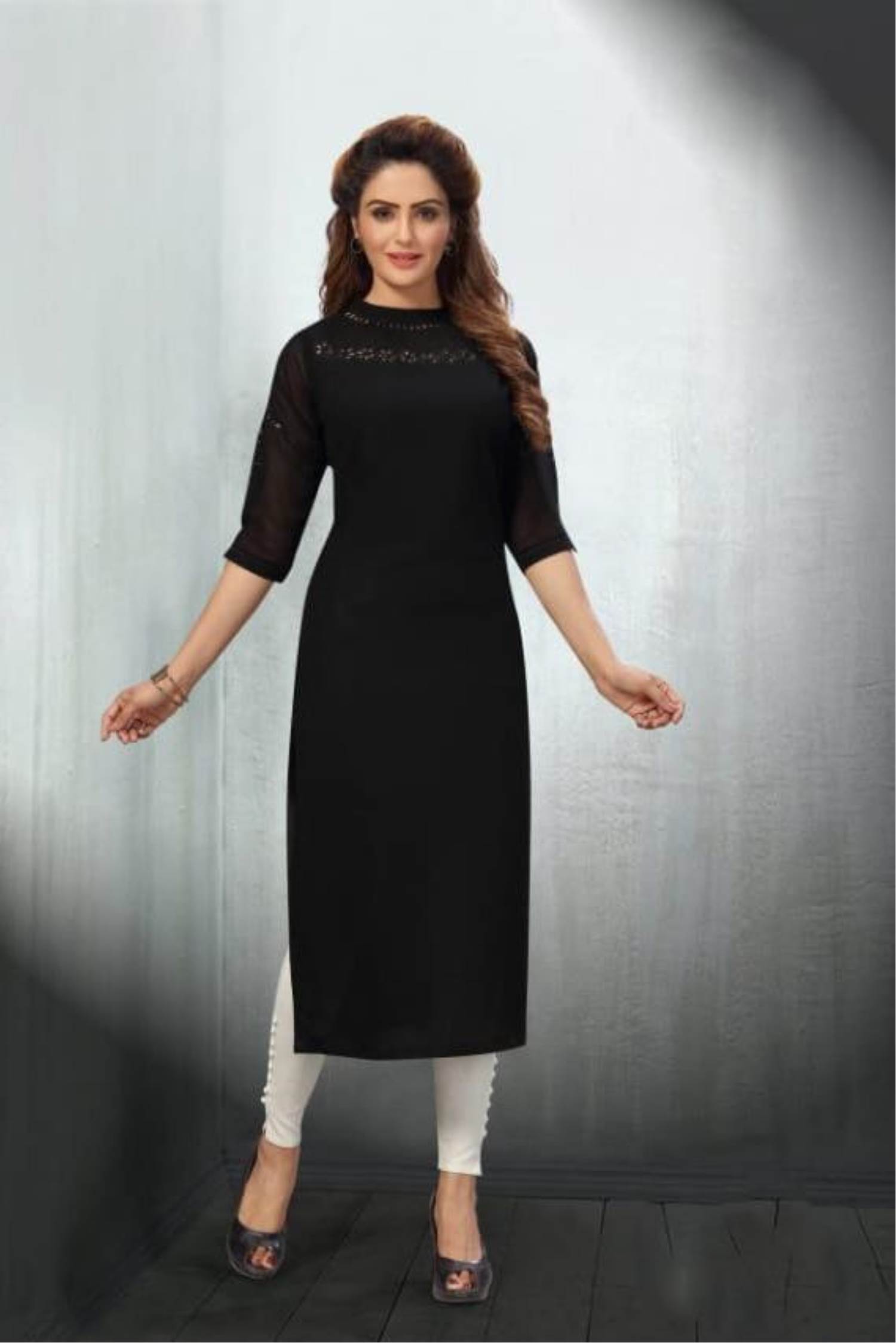 Embellished Rayon Straight Kurti in Black : TGW3031