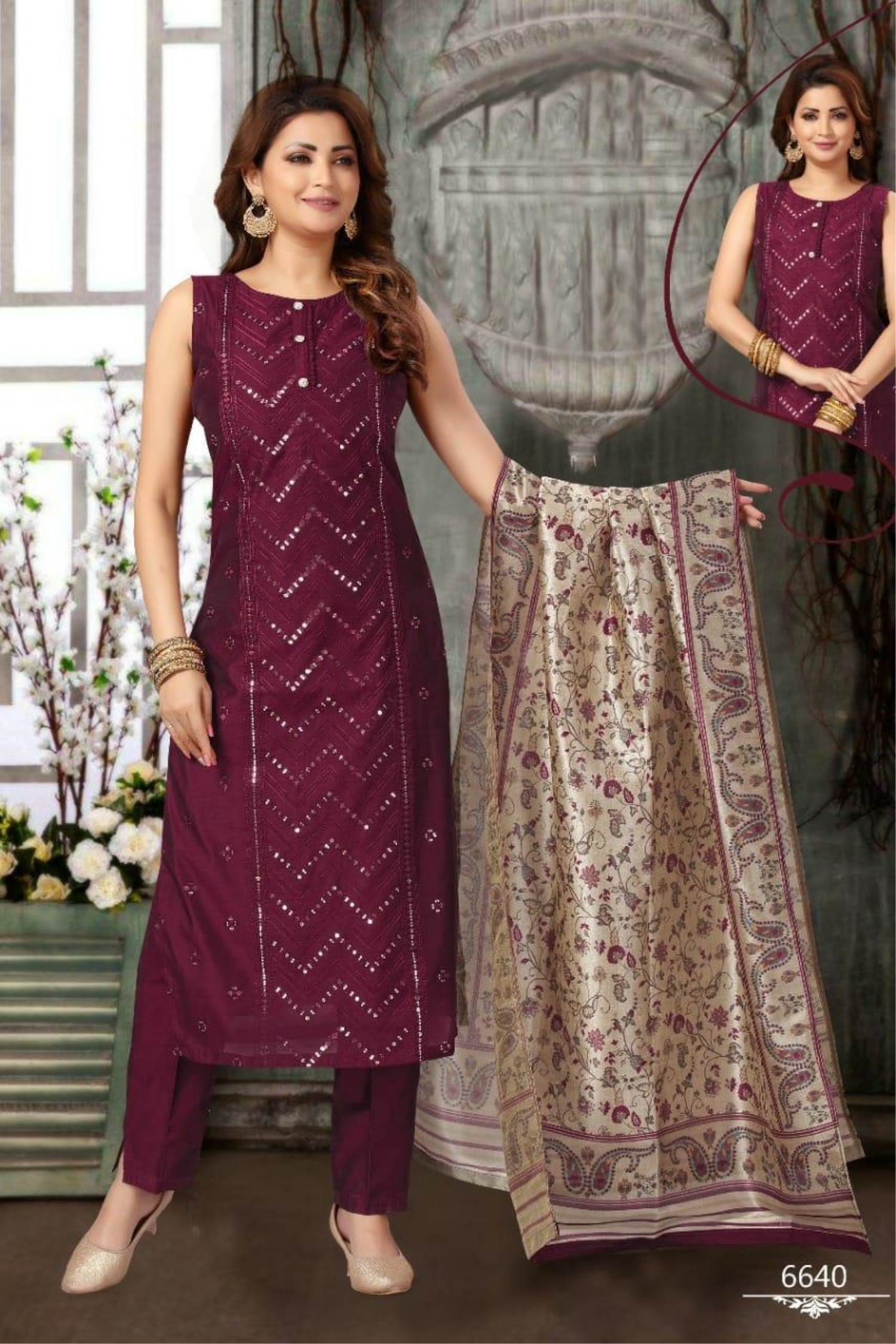 Sitara Wine Colour Suit Set For Ladies - Gillori