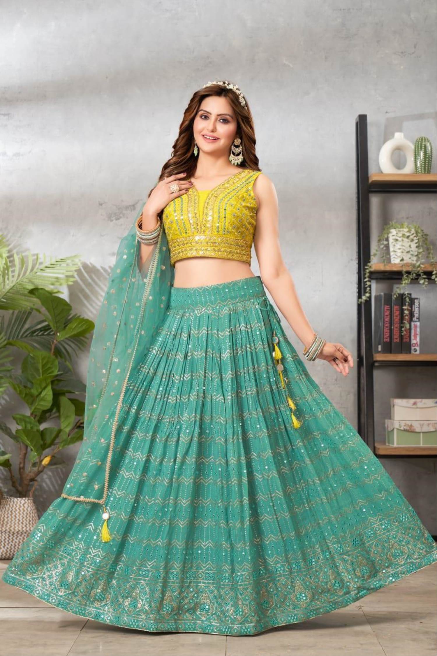 Yellow and Maroon Color Georgette Lehenga - Rent