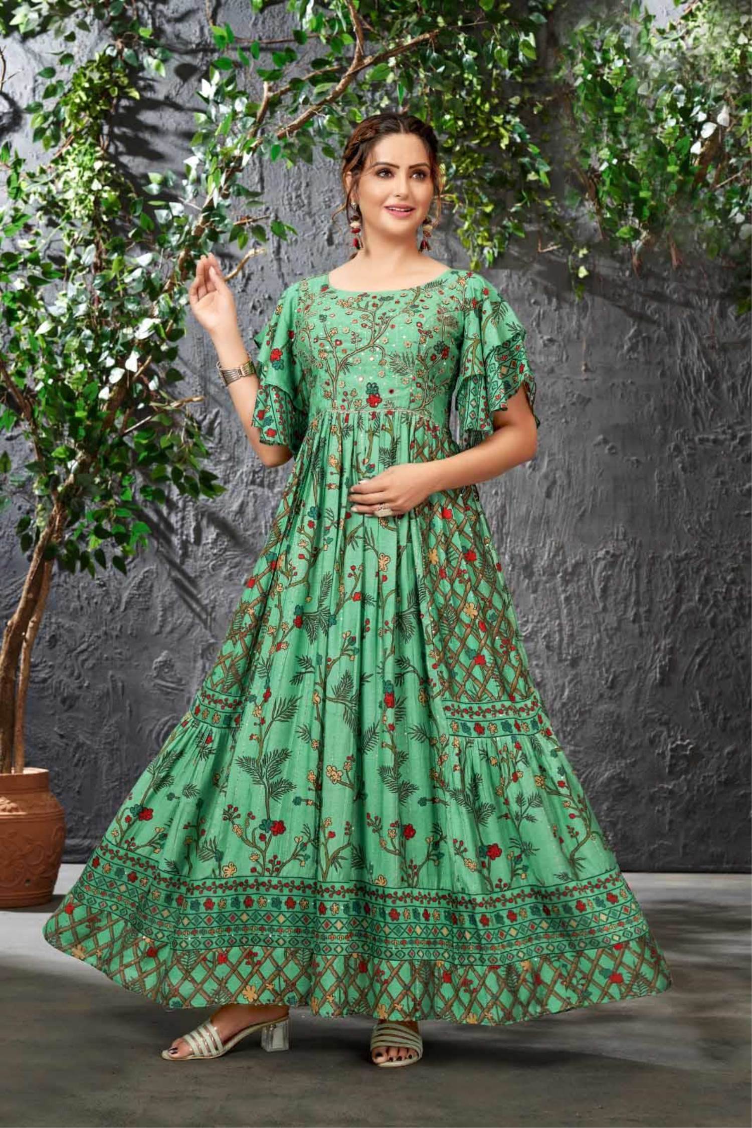 Kajol Green Gown (Full Stitched)* Top Fabric:- Georgette (60 GM) Top Colour:-  Rama Green Top Inner… | Party wear dresses, Designer dresses indian,  Designer dresses