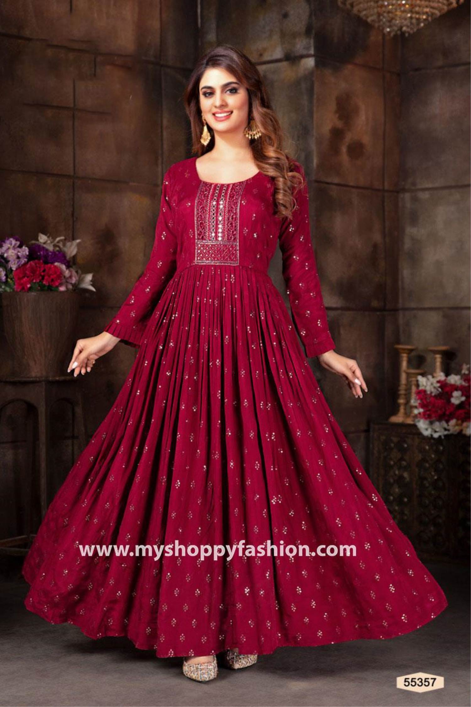 Malaika Arora Maroon Floral Embroidered Fit and Flare Dress - Inddus.in