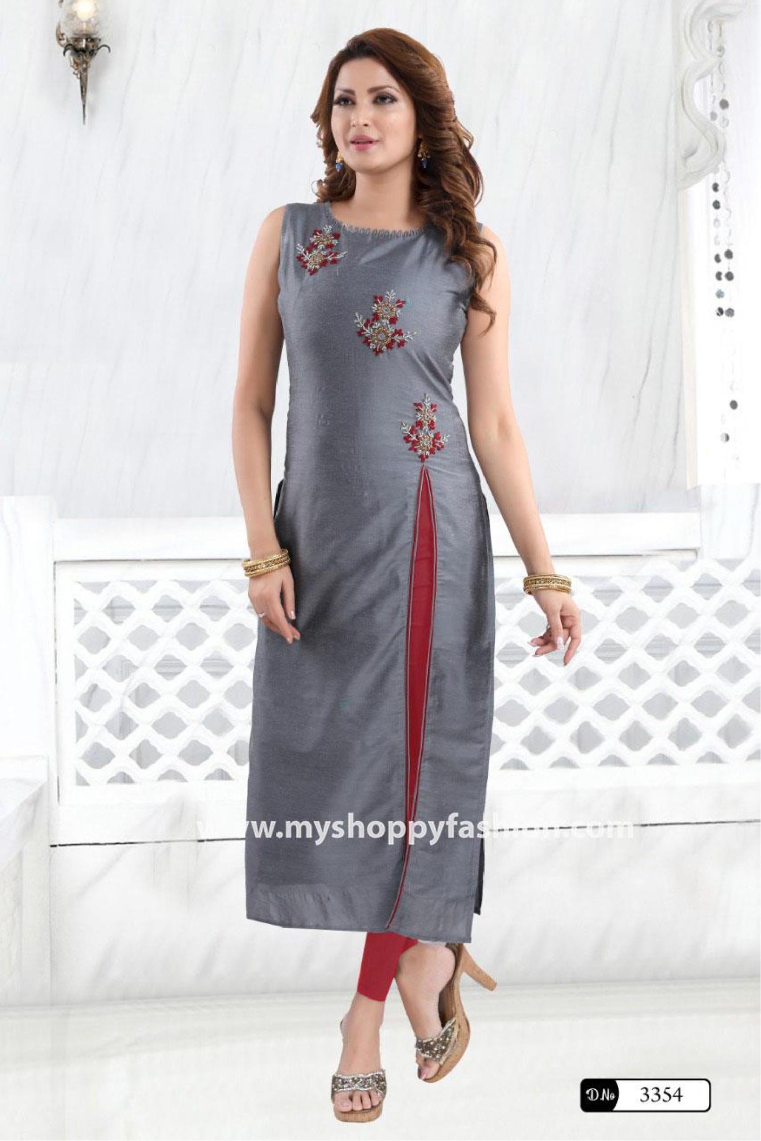 APNISHA Bluish Grey Embroidered A Line Kurti