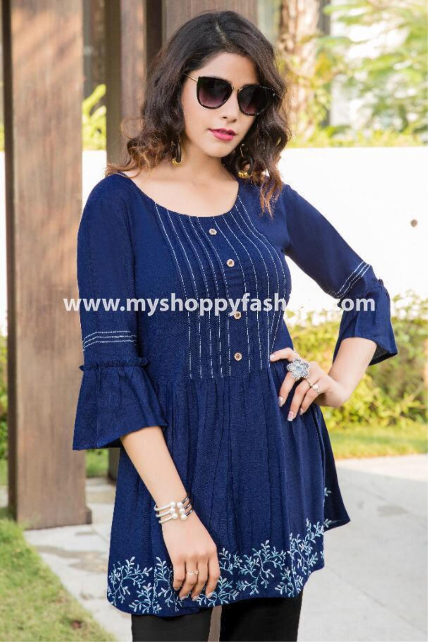 Navy Blue Rayon Kurti, Pant & Dupatta Set |