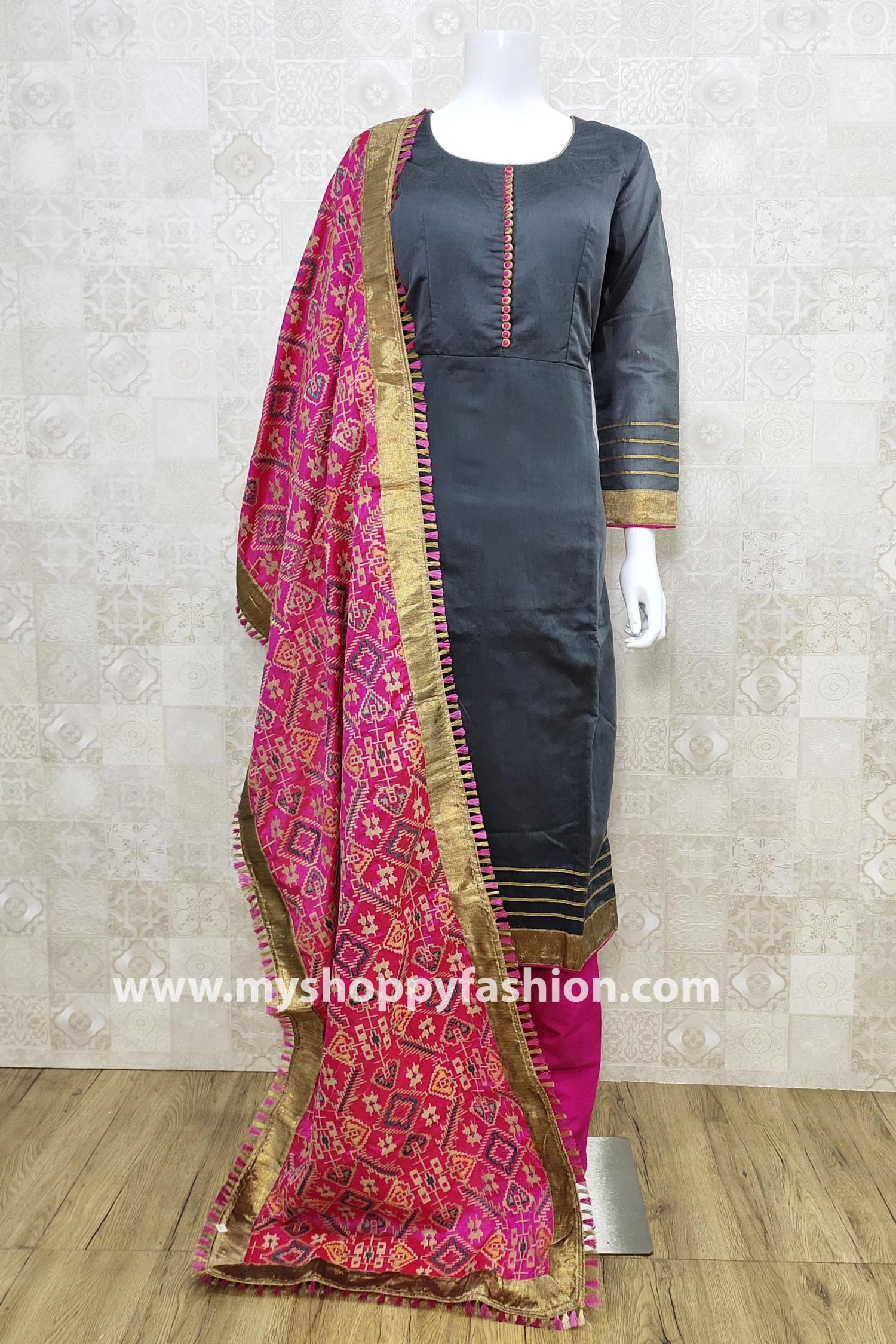 Grey and Pink Color Combination Party Wear Straight Long Suit With