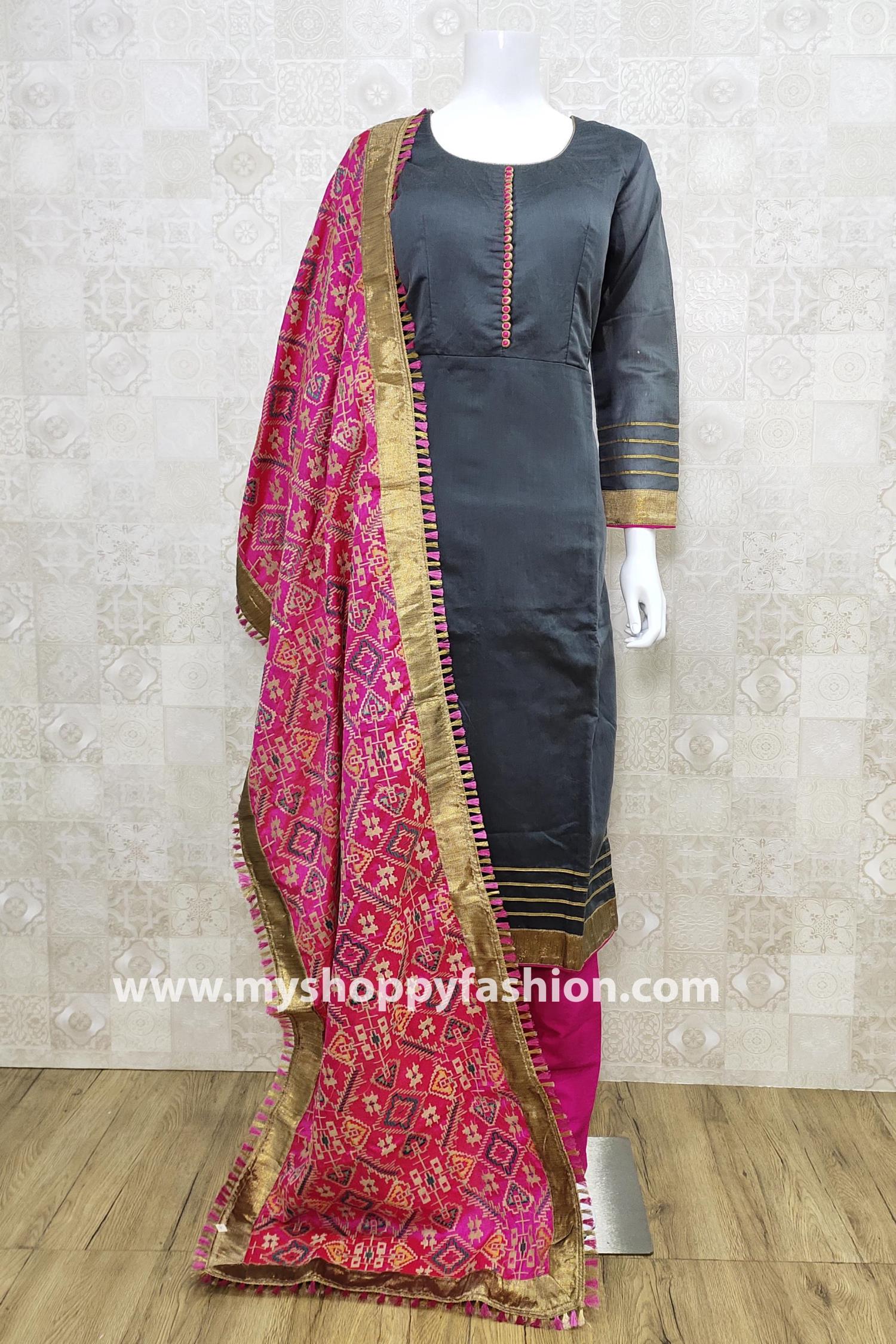 Grey chanderi suit set with pink dupatta - set of three by The Weave Story  | The Secret Label