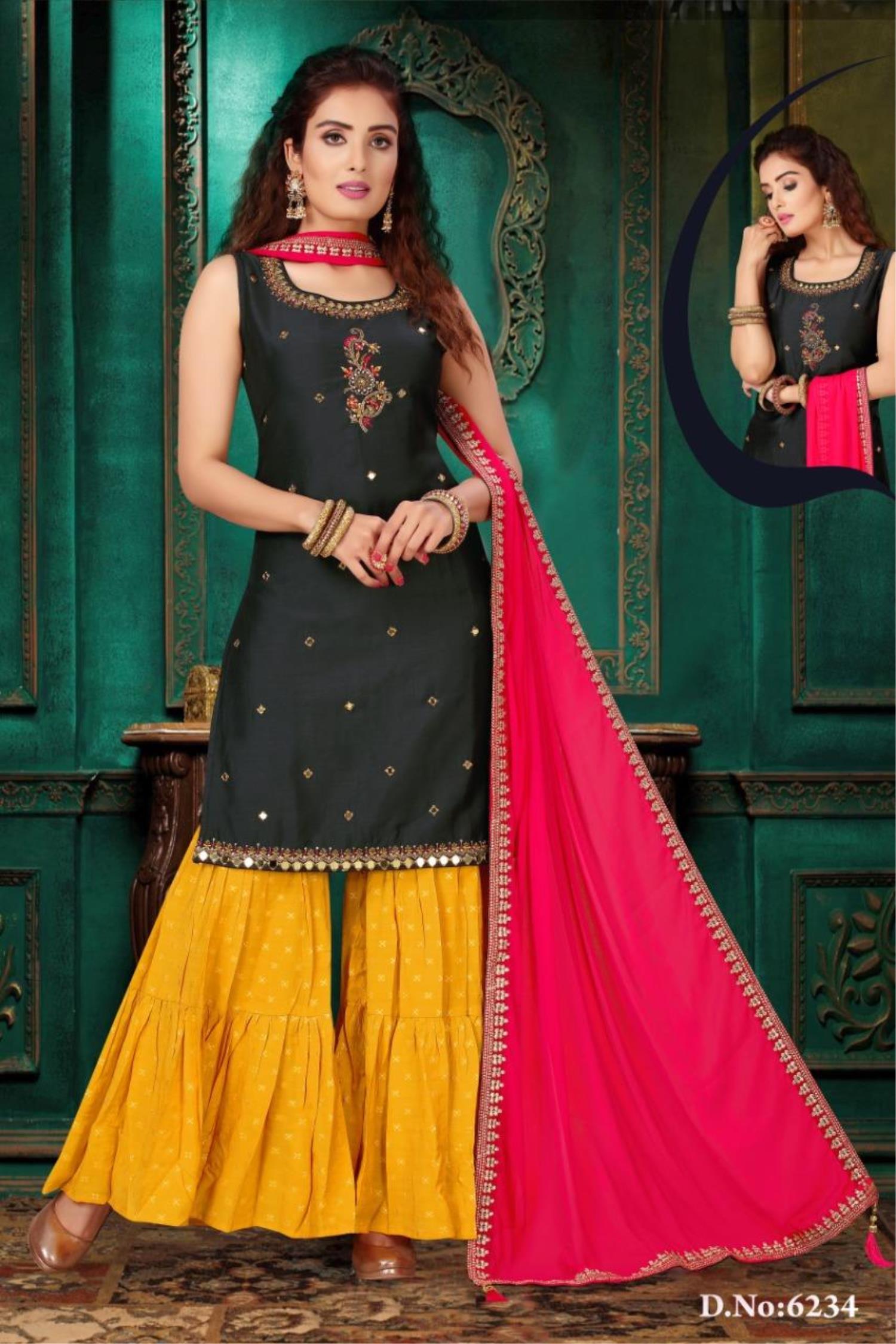 Buy Yellow Embroidered Work Georgette Beautiful Sharara Suit Online