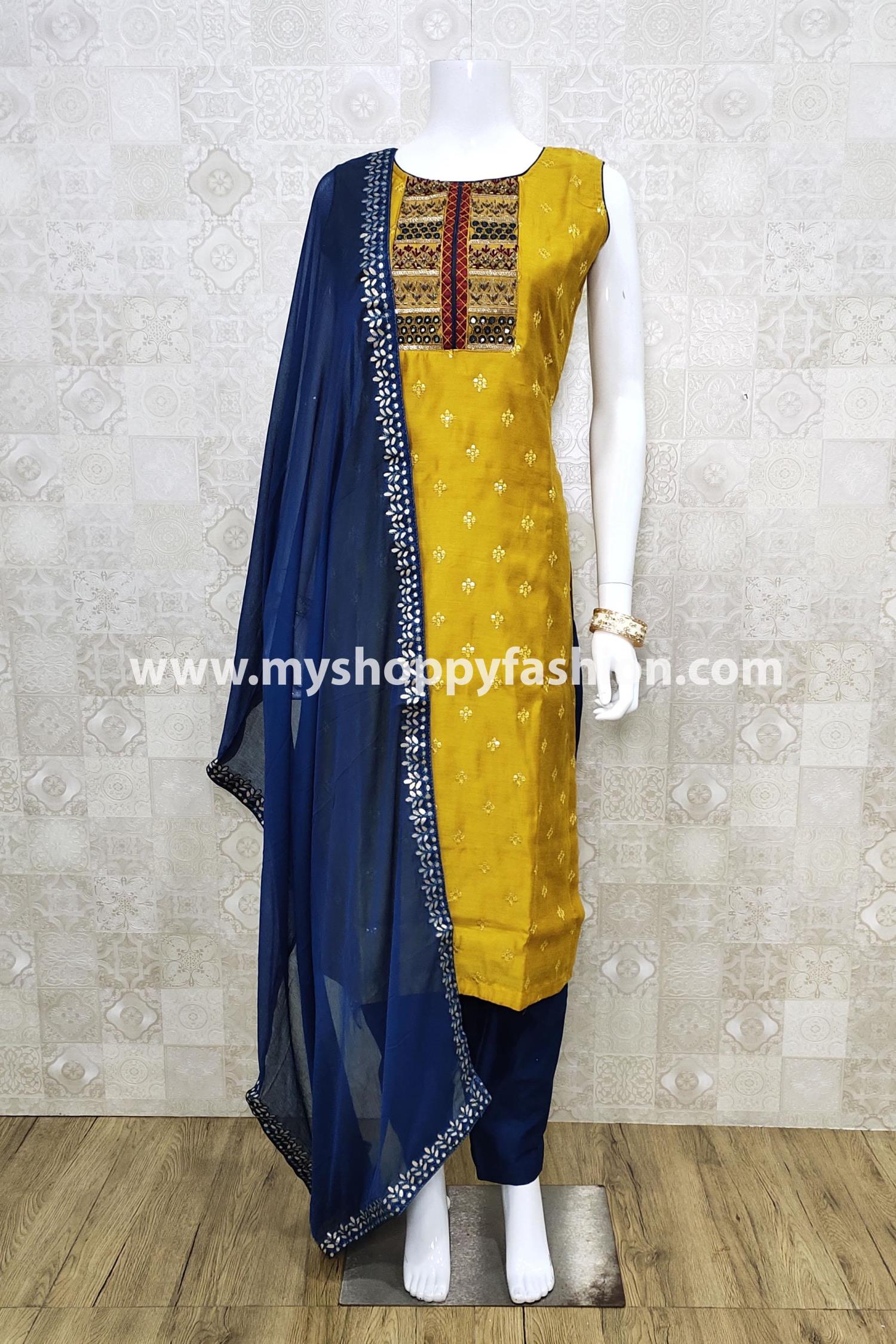 Original Patiala suits - Bright and color contrasting yellow, pink and gold combination  suit. This is a simple design which can be worn with heavier jewellery for  a more elaborate look or