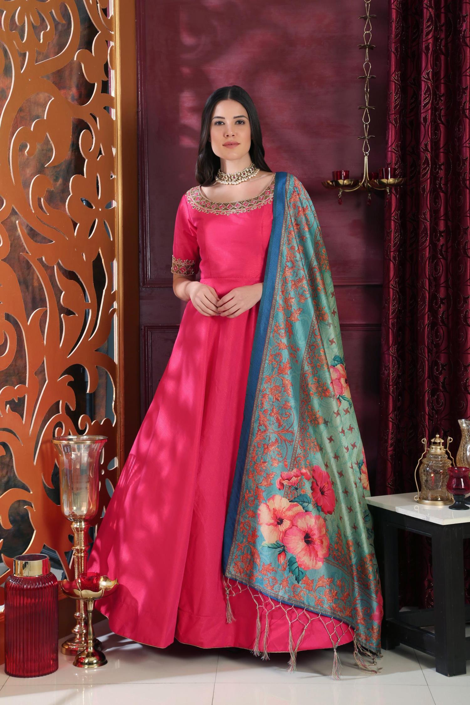 Pink Color SemiStitched Gown with Dupatta MY SHOPPY LADIES WEAR
