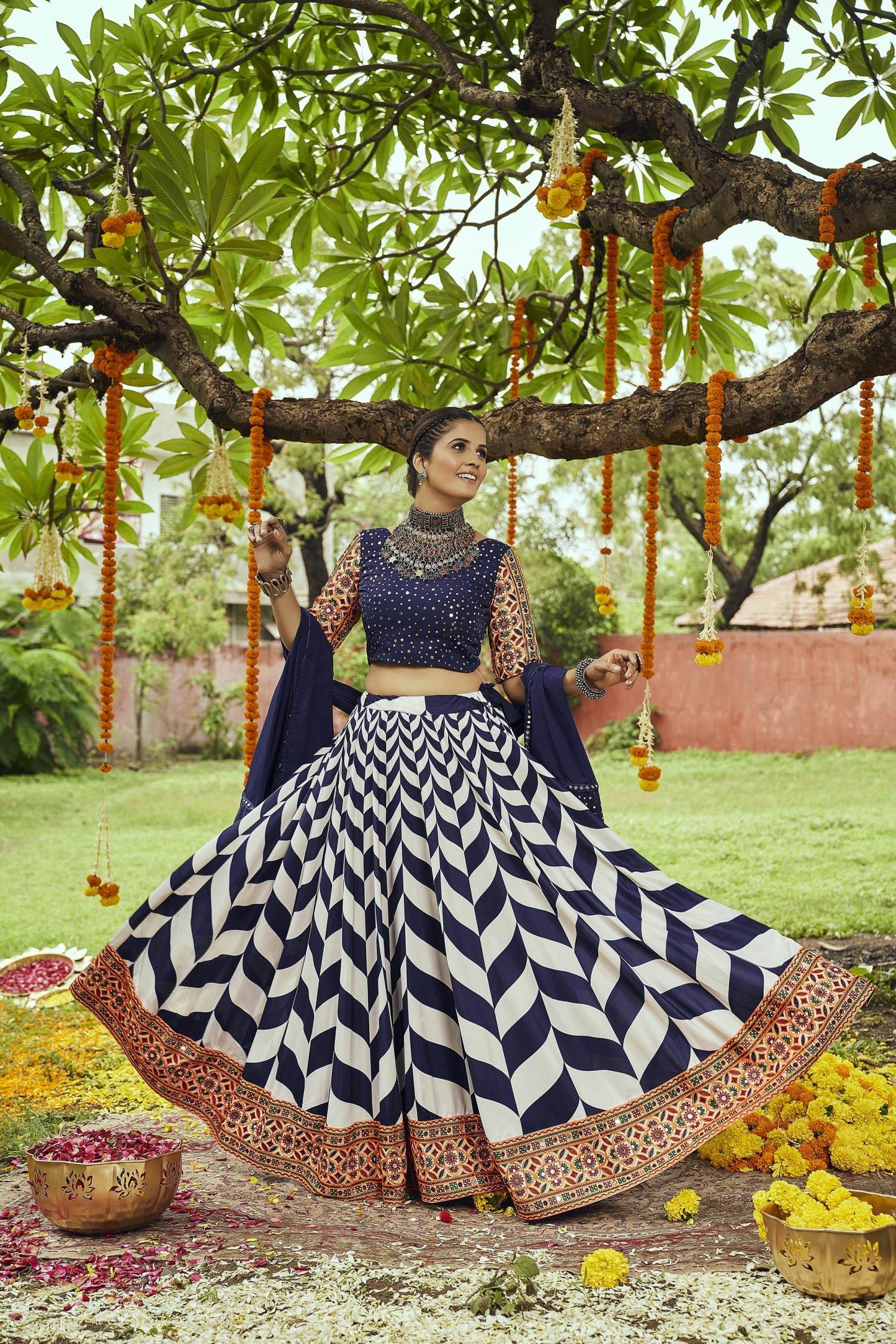 Nesavaali lehenga dupatta in navy brocade print | ASOS
