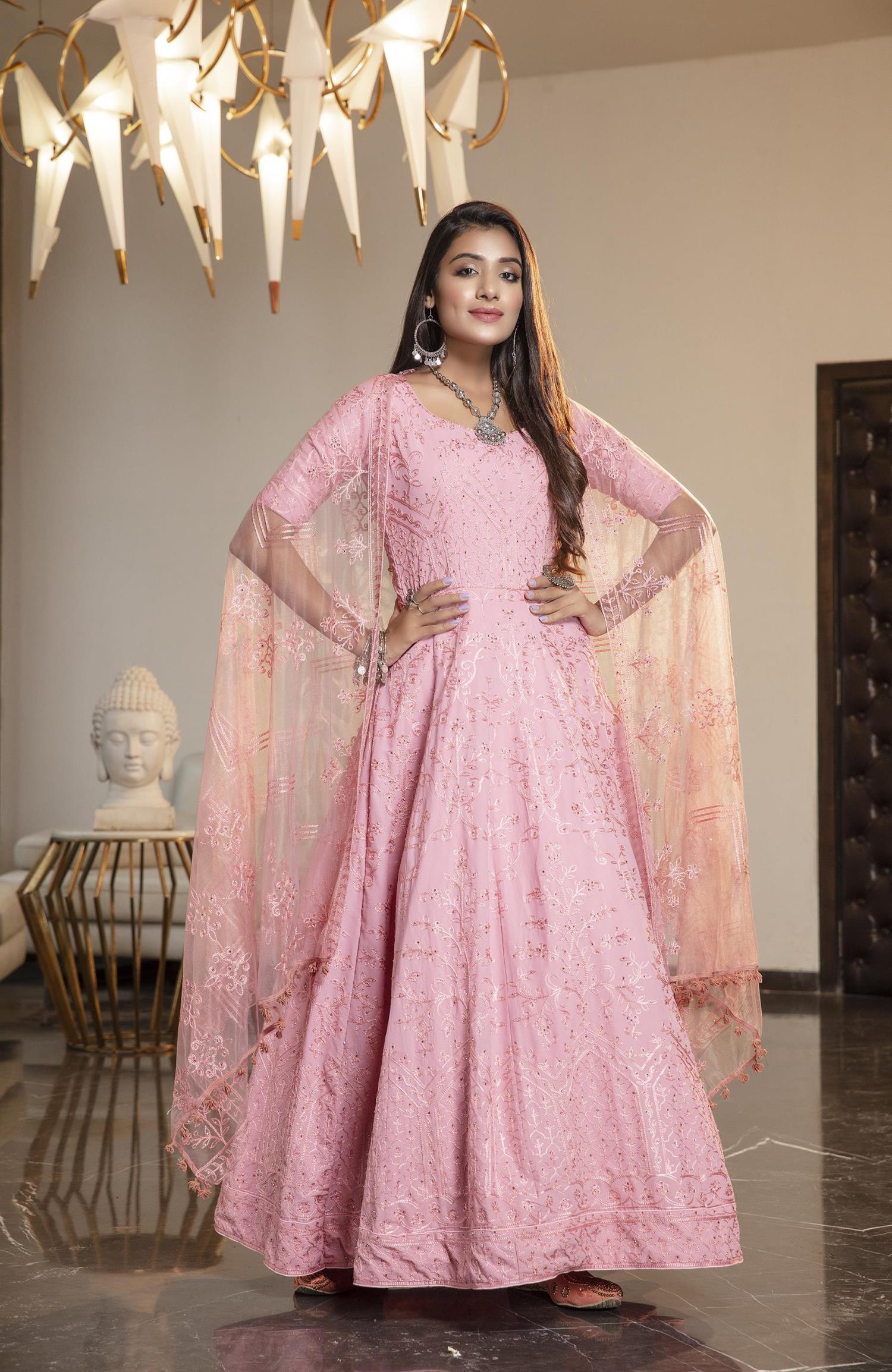 Adorable Baby Pink Color Georgette Embroidery Sequence Work Gown