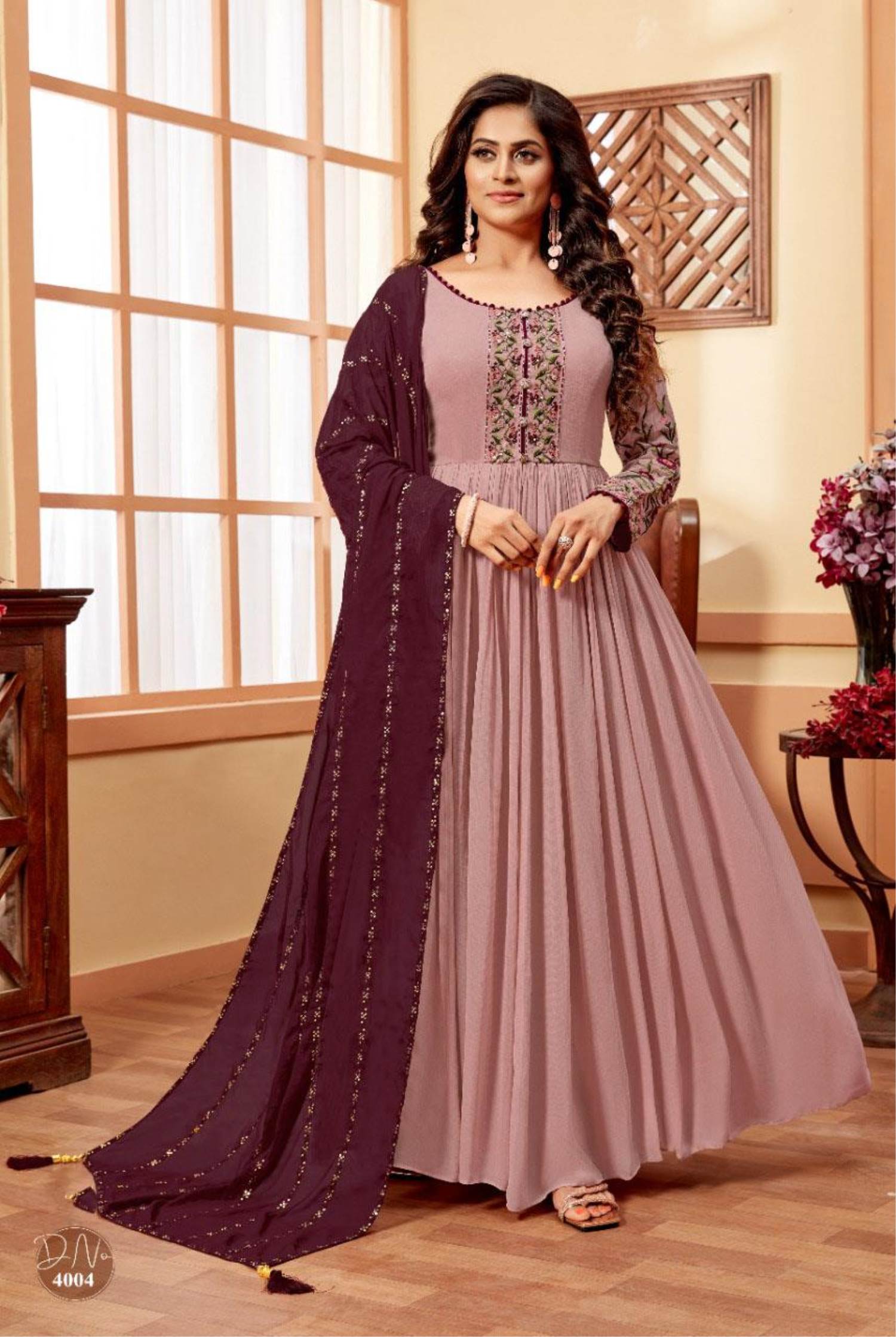 Graceful Designer Diamond Georgette Long Gown With Dupatta – Cygnus Fashion