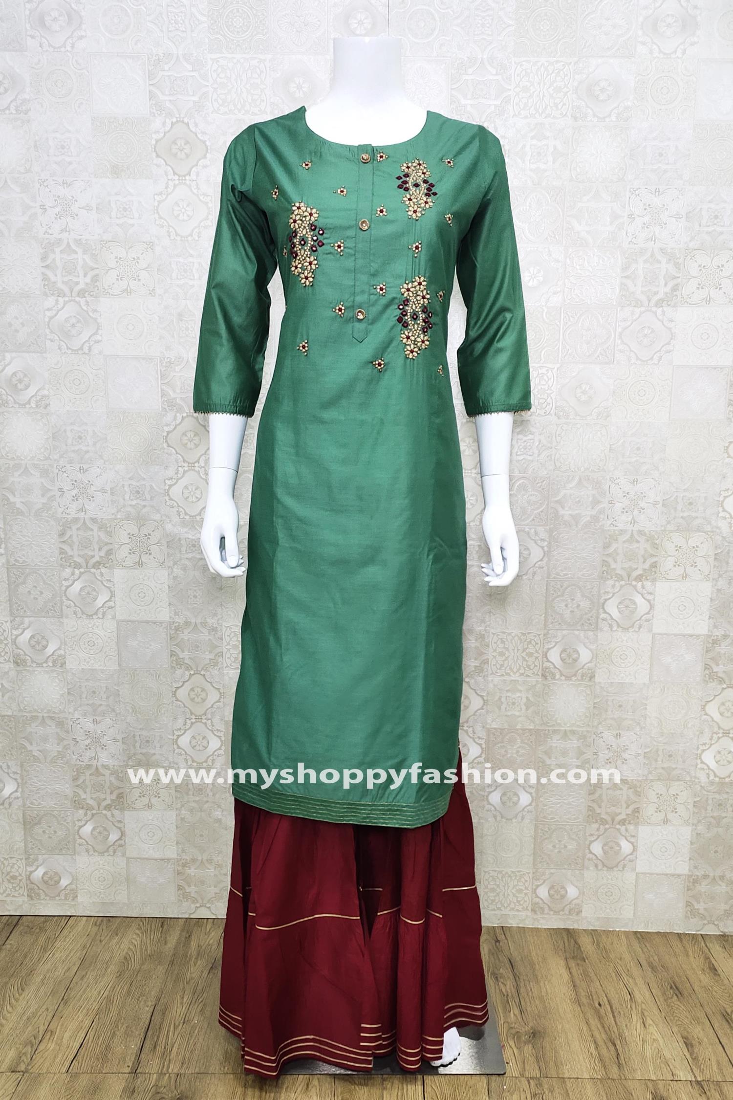 Kurtas | Pink Nd Green Combination Very Beautiful Embroidery Kurti...!! |  Freeup