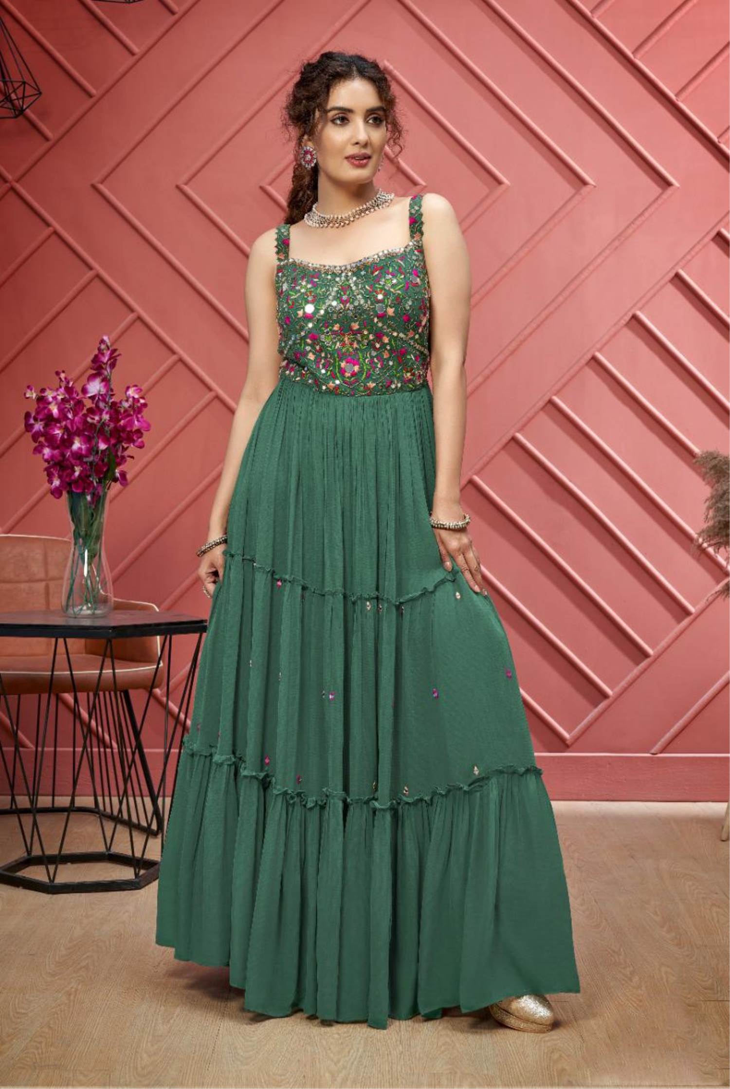 Self Design Green Georgette Embroidered Designer Gown, Party wear at Rs  1049 in Surat