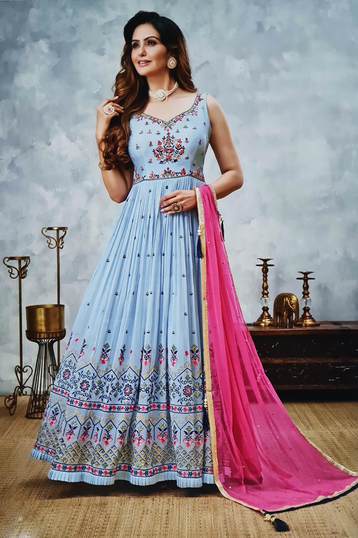 Sky Blue Foilage Print Net Silk Party Wear Long Gown Semi Stitched -  SHUBHKALA - 3910869