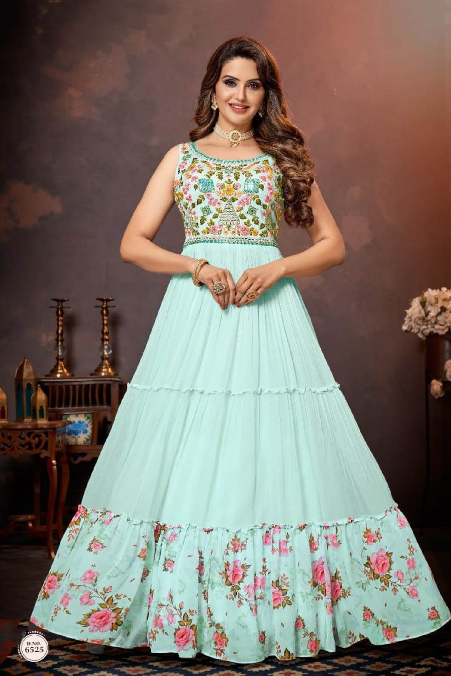 Buy Sky Blue Metallic Foil Work Net Party Wear Gown Online from EthnicPlus  for ₹1649