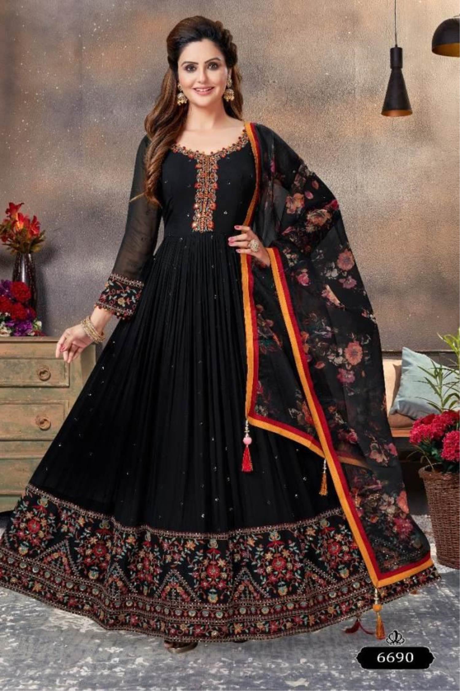 Black And Red Colour Latest Fancy Designer Wedding Wear Tusser Silk Digital  Print Heavy Work Stylish Gown Collection 9008 - The Ethnic World