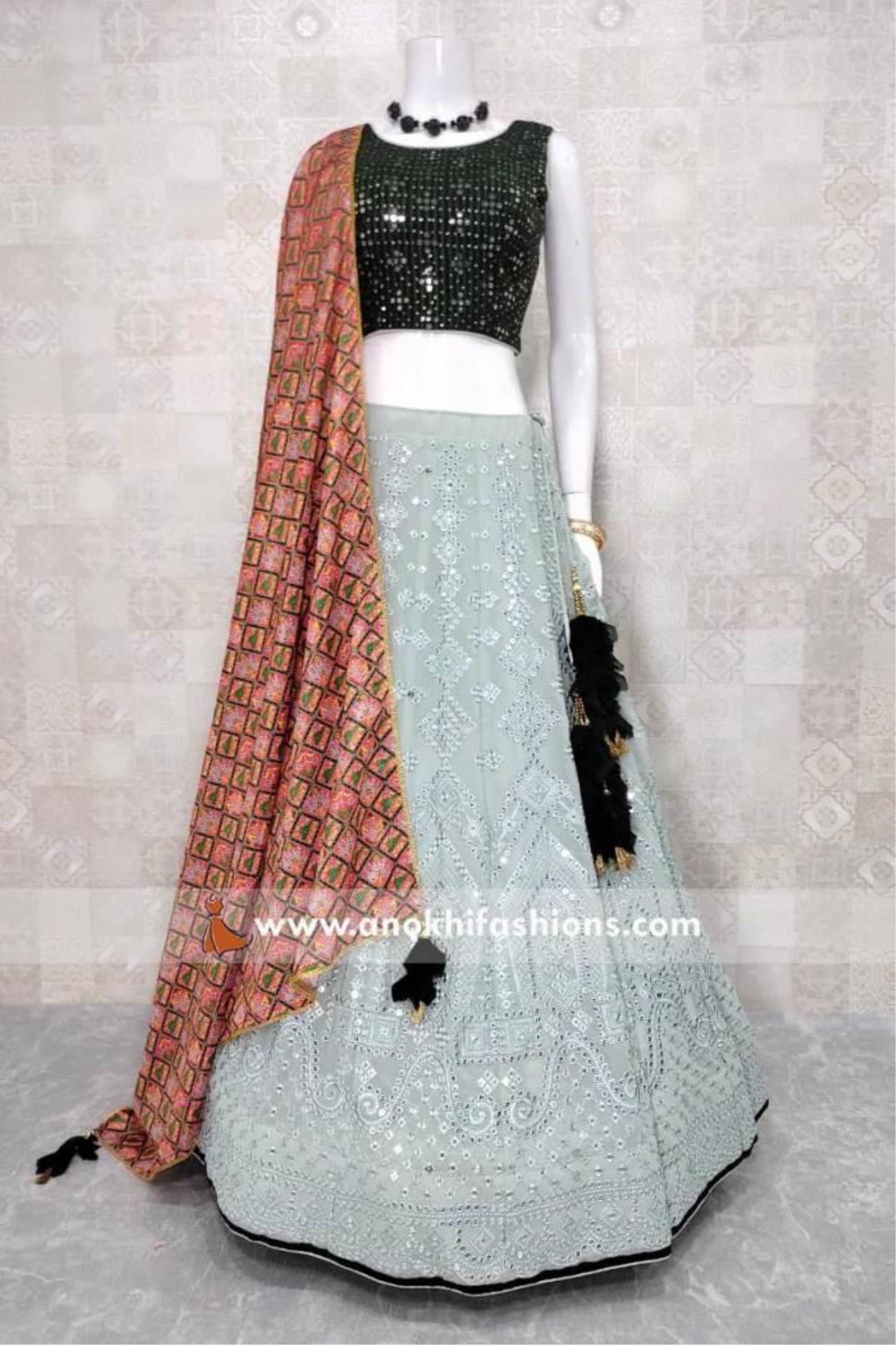 Wedding Wear Embroidery Ladies Silk Grey Lehenga Choli Set