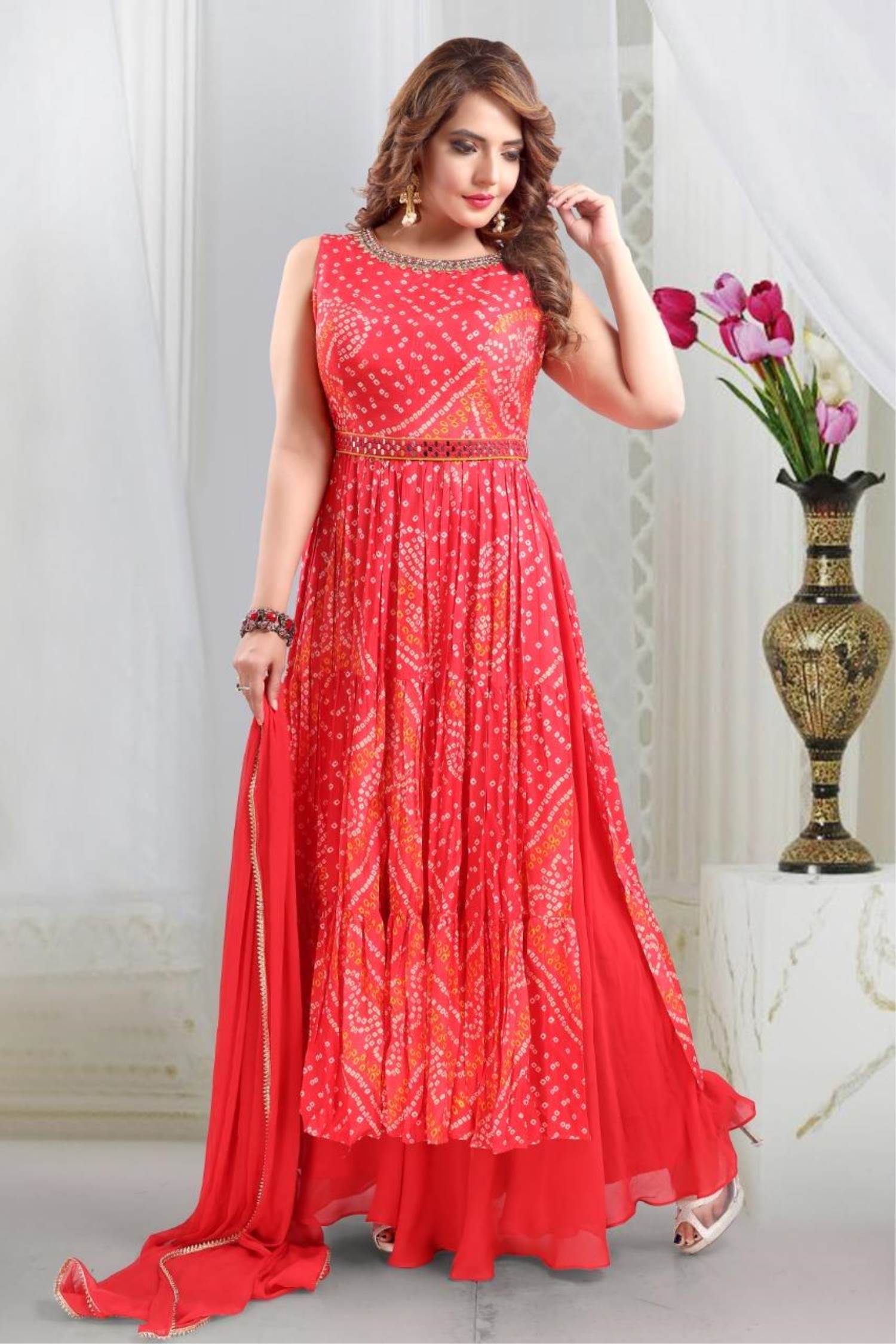 Gajri Color Party Wear Indo Western Plazo Suit With Belt MY SHOPPY LADIES WEAR