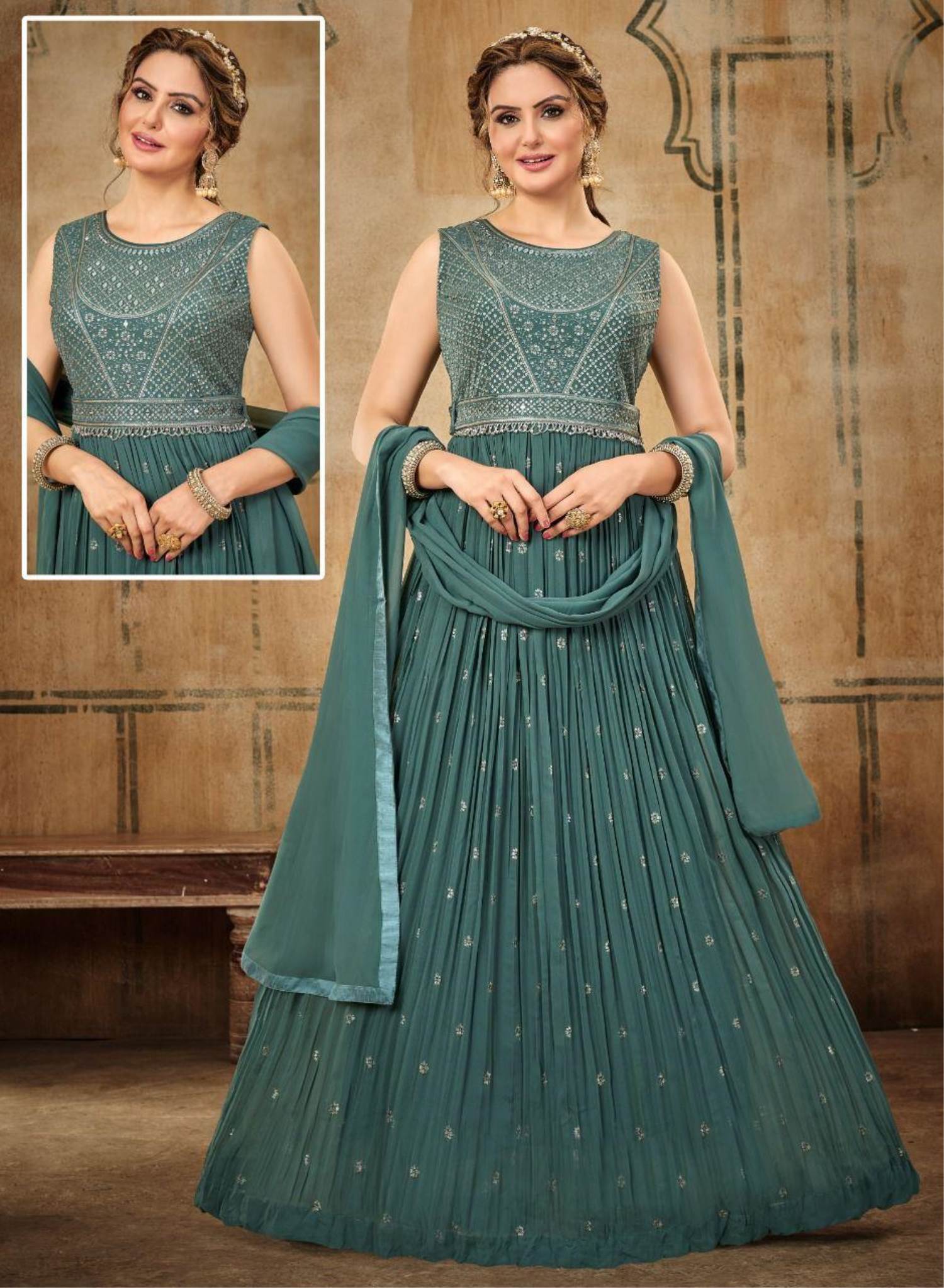 Sea Green Silk Embroidered Readymade Gown buy online : 90741 - New Arrivals