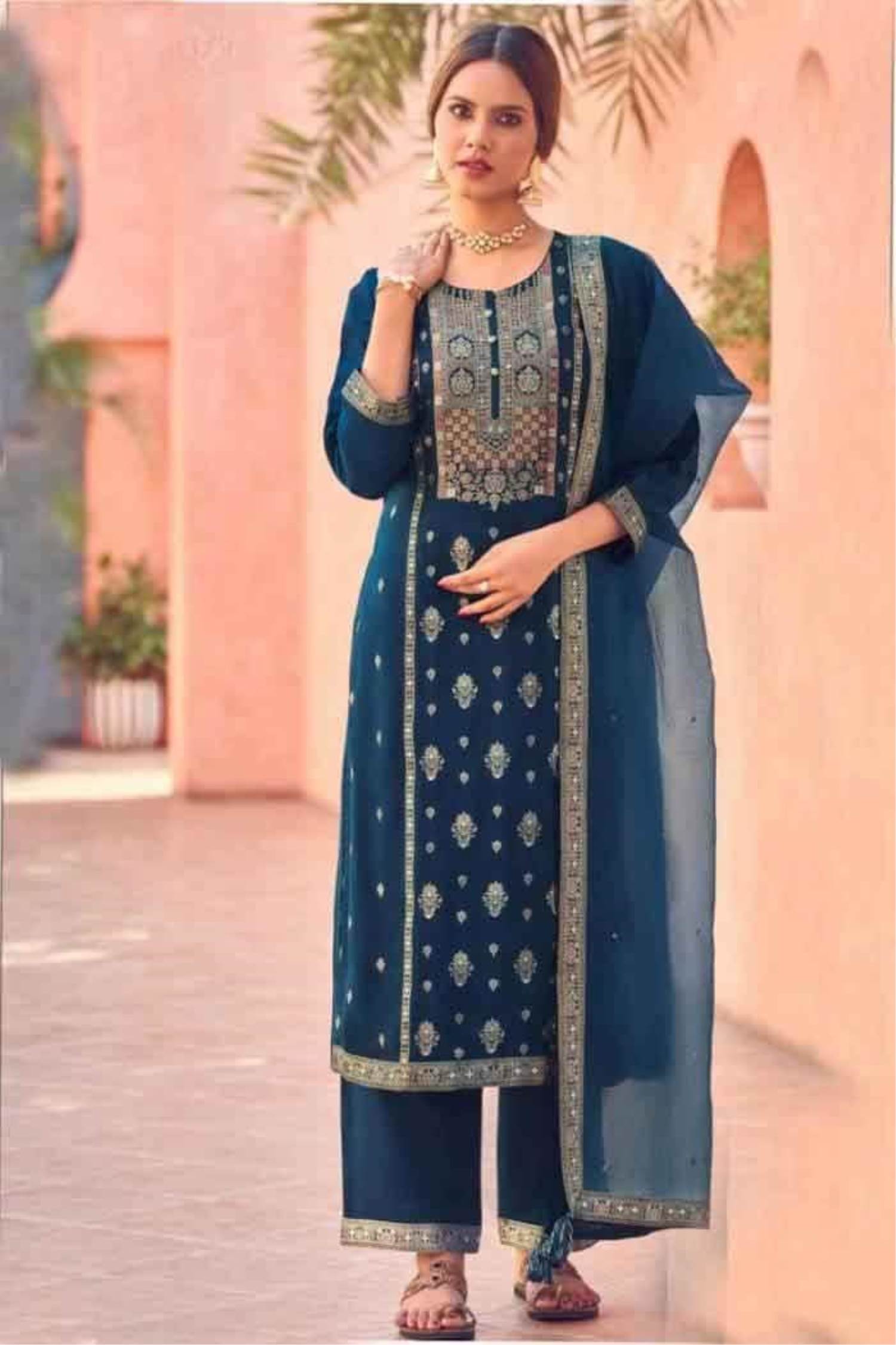 Peacock Blue Straight Salwar Suit With Bandhani Printed Dupatta