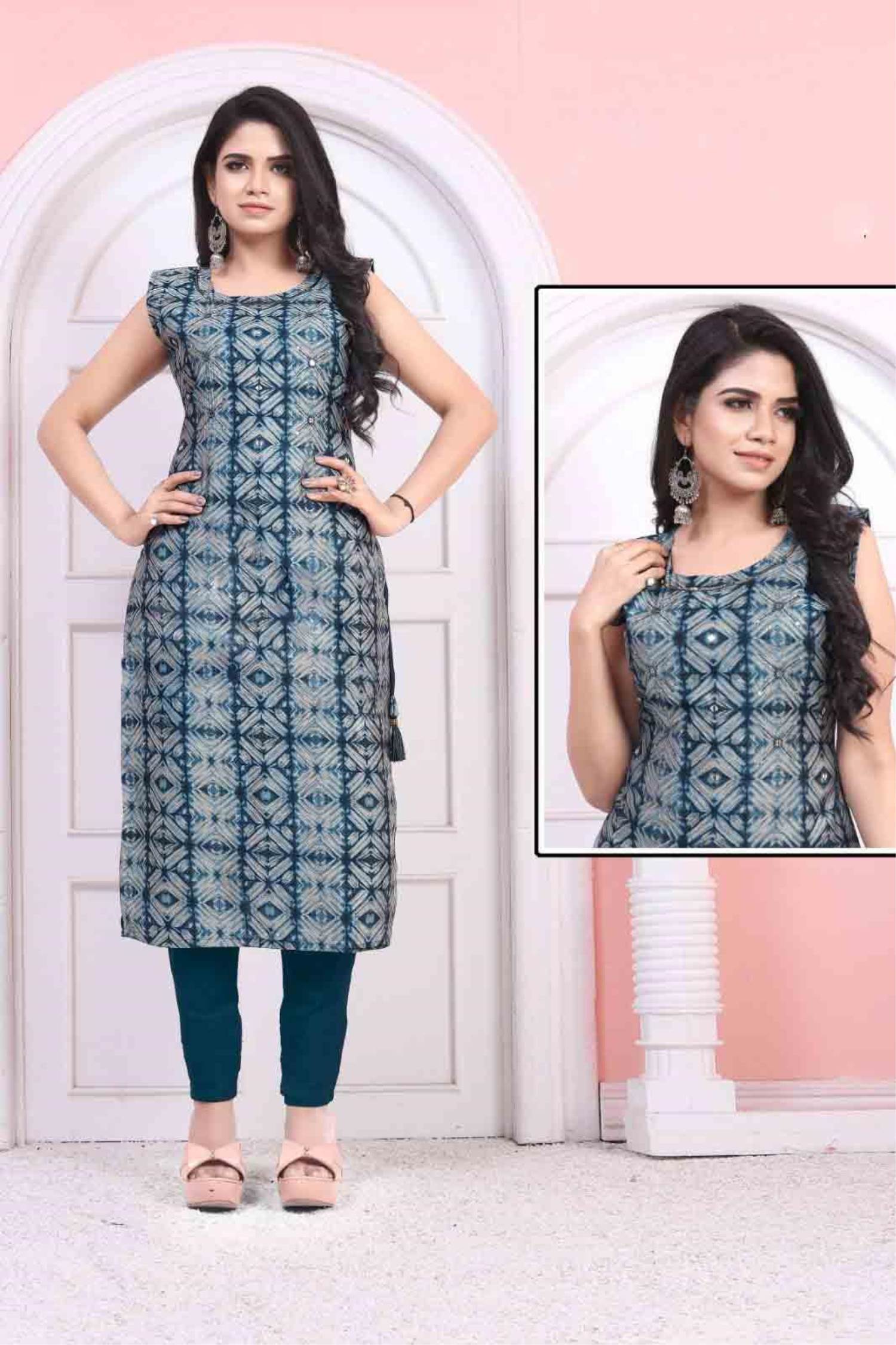 Brown unique motifs printed sleeveless & round neck muslin straight-cut  above-knee kurti