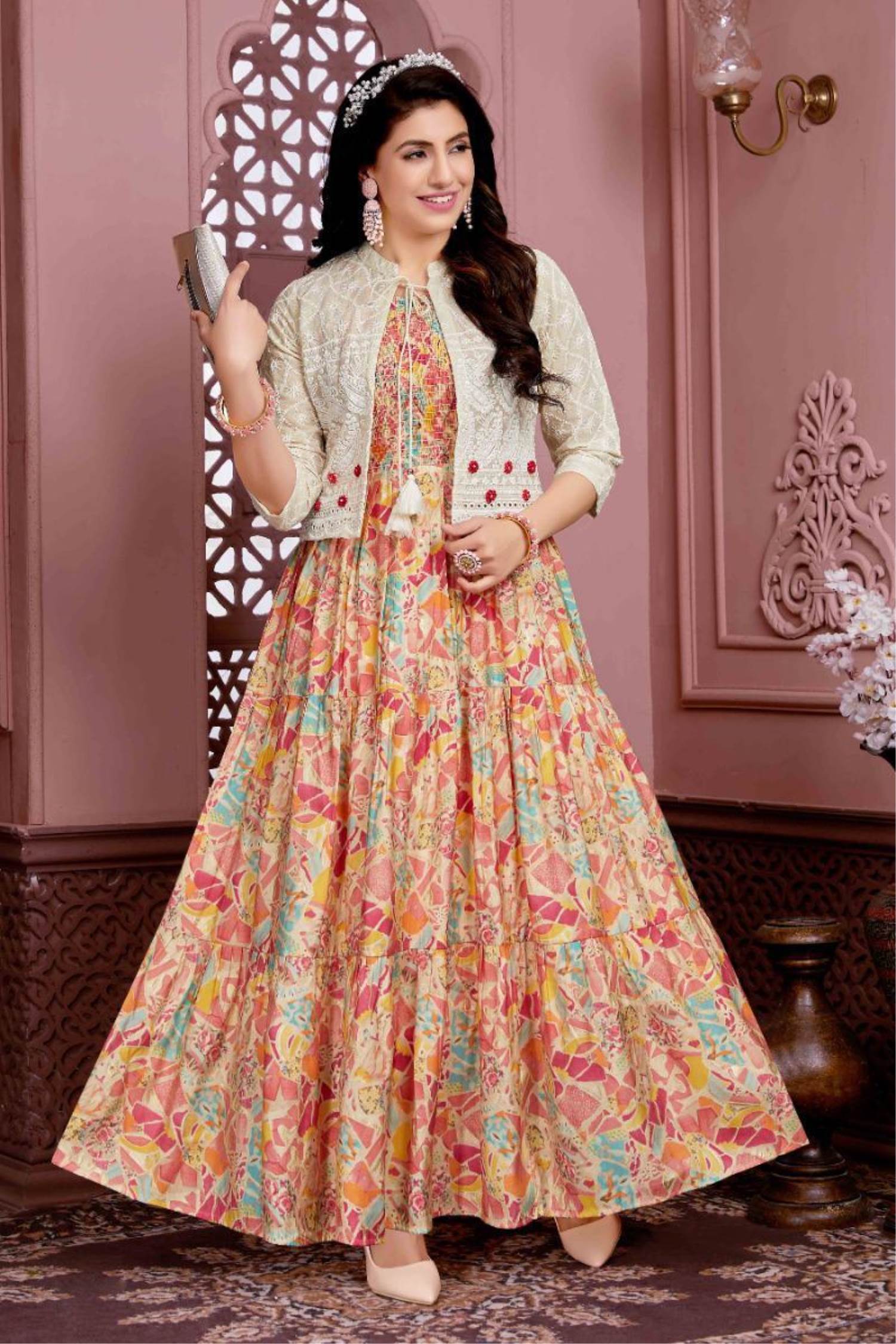 Women indian Designer Anarkali Kurta With Jacket Long Flared Pink Gown Kurti  Set | eBay