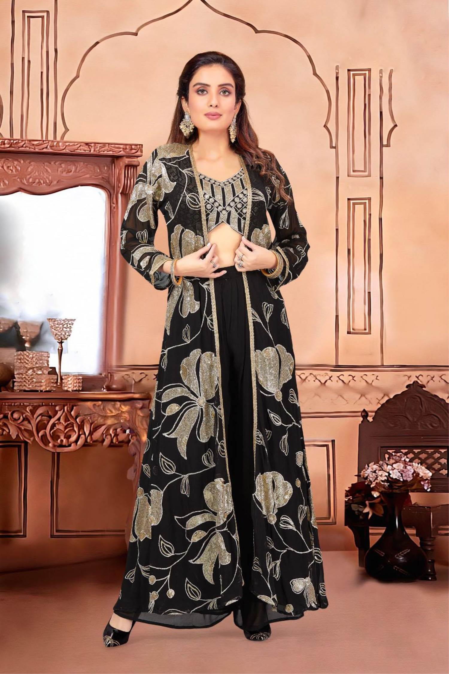Black Designer Indo Western Dresses For Ladies BLACK INDO-WESTERN FRONT  SLIT GOWN FOR WOMEN- PAIRED