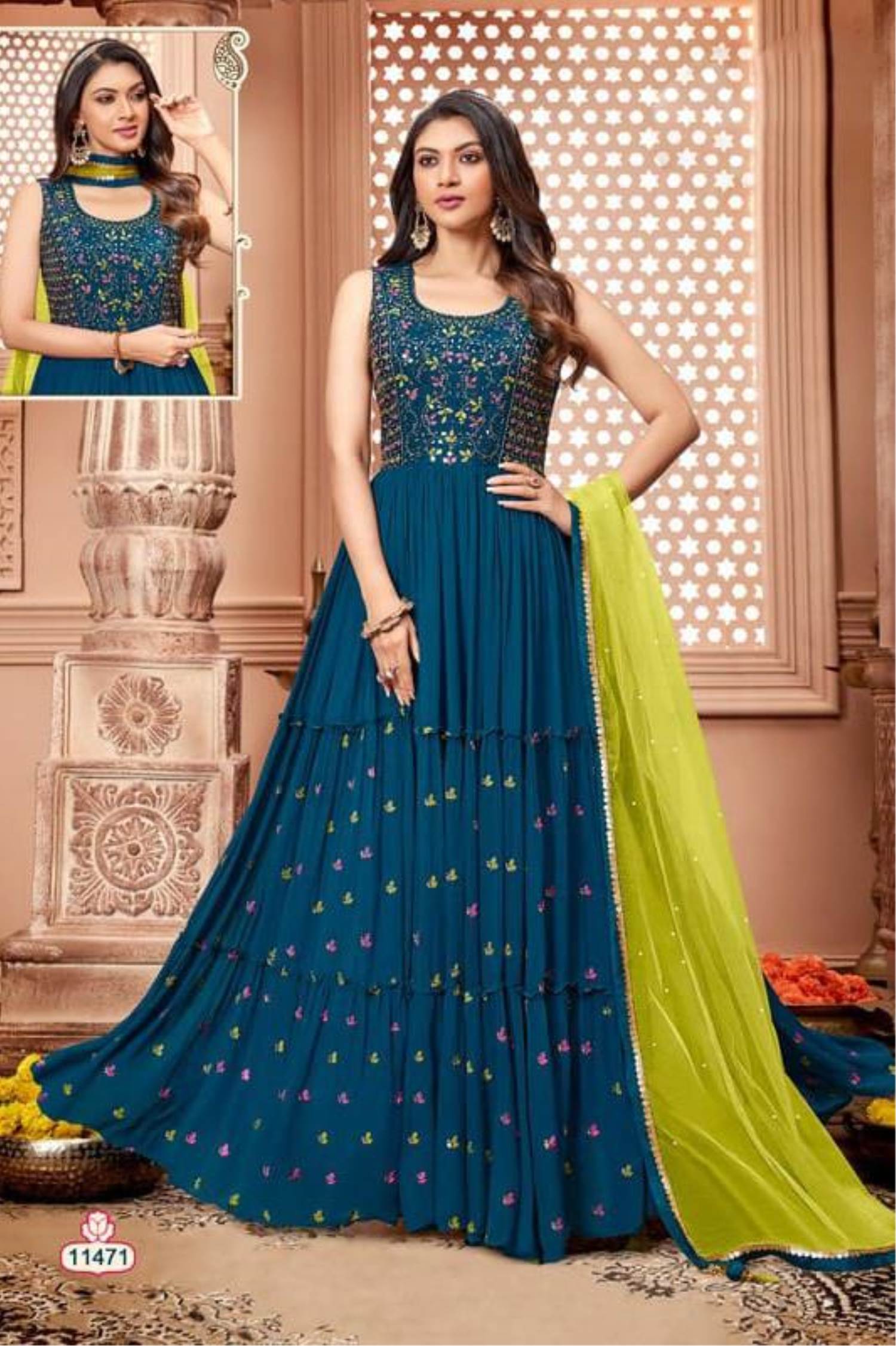 Navy Blue Thread Embroidered Net Party Wear Anarkali Gown Wi