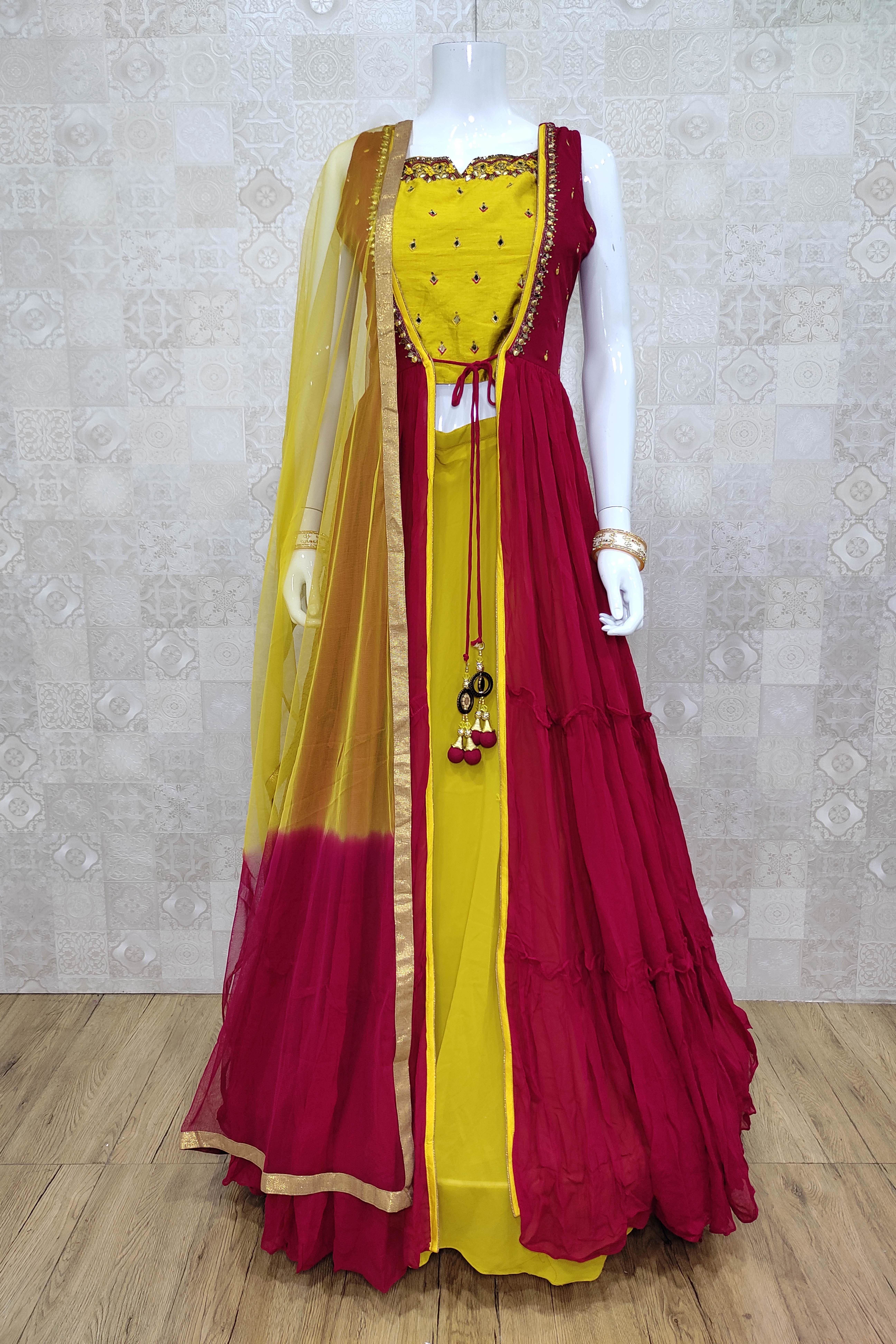 YELLOW WITH RED - PARTY WEAR GOWN WITH NECK EMBROIDERY & DUPATTA