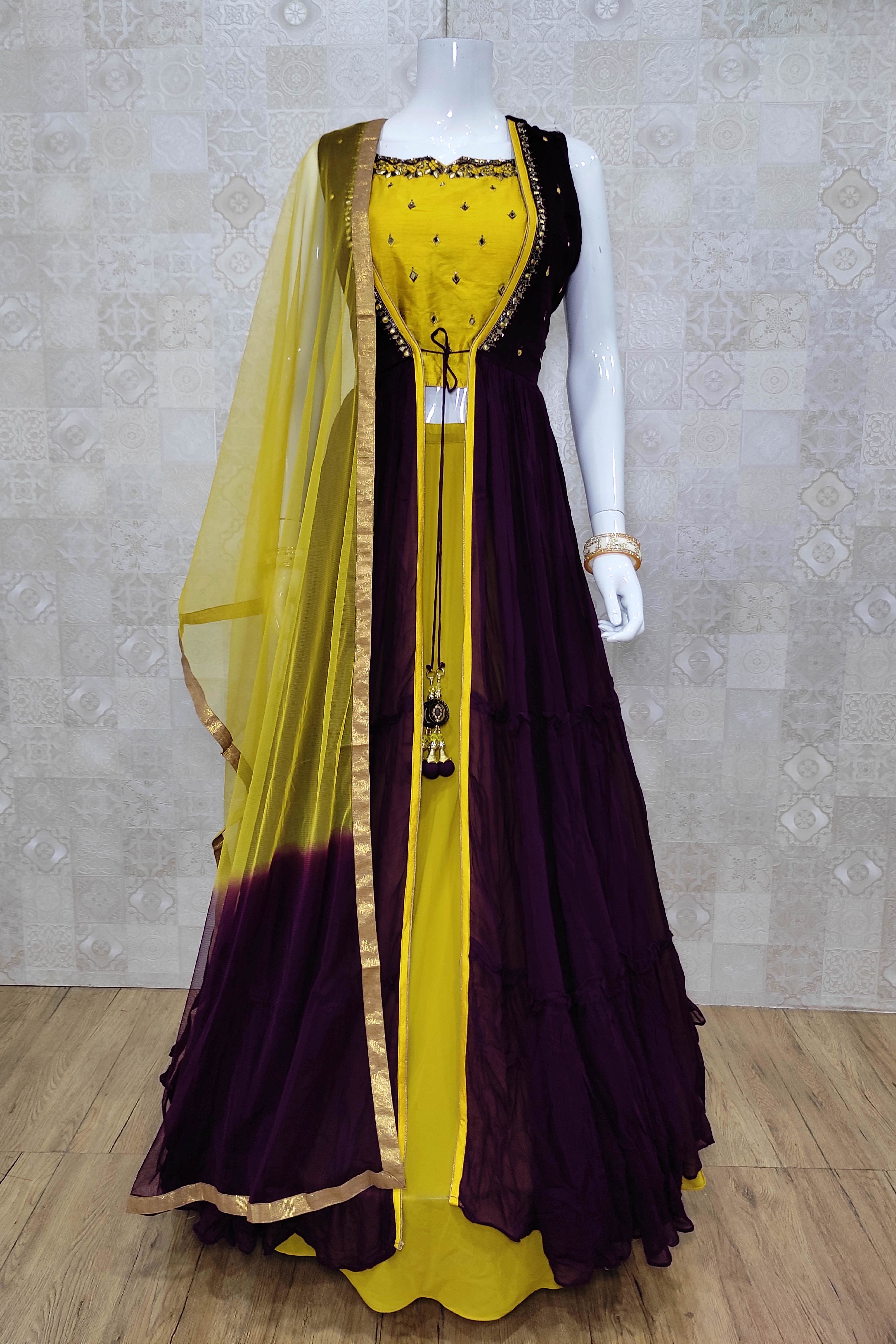 Georgette Party Wear Yellow Colours Golden Combination Dress For Girls