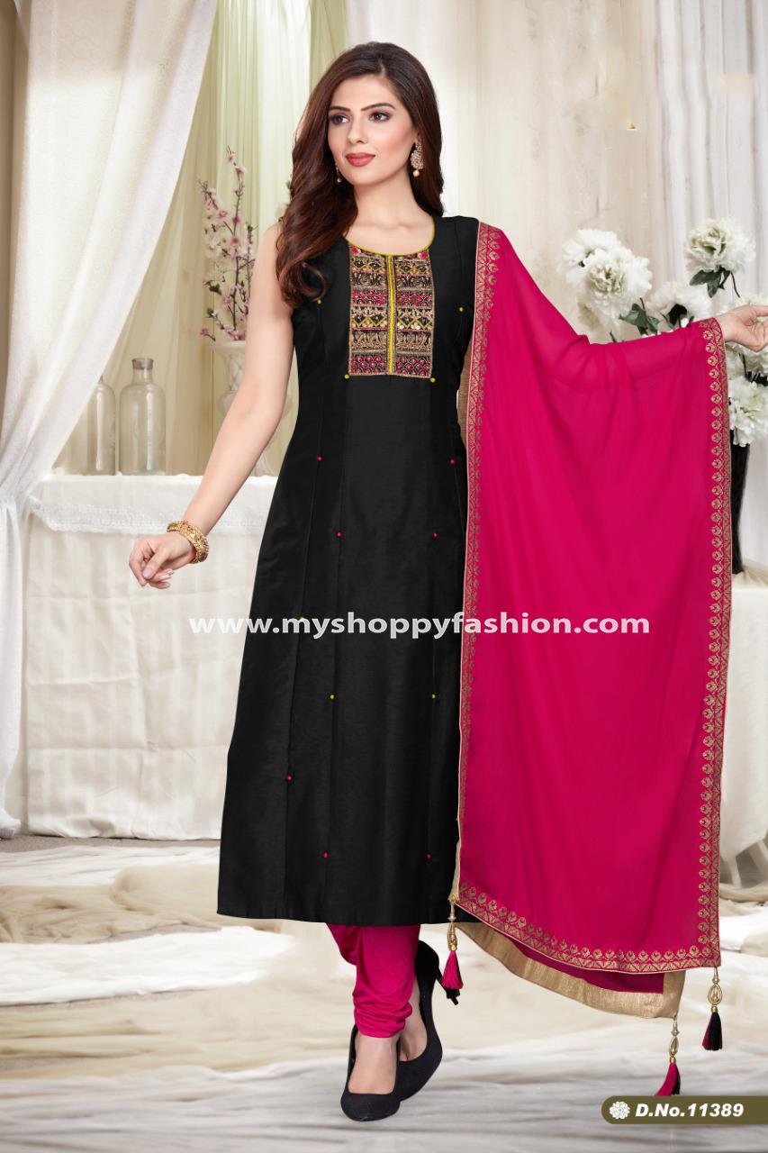 Black Color Party Wear Straight Long Suit With Pink Dupatta MY SHOPPY LADIES WEAR