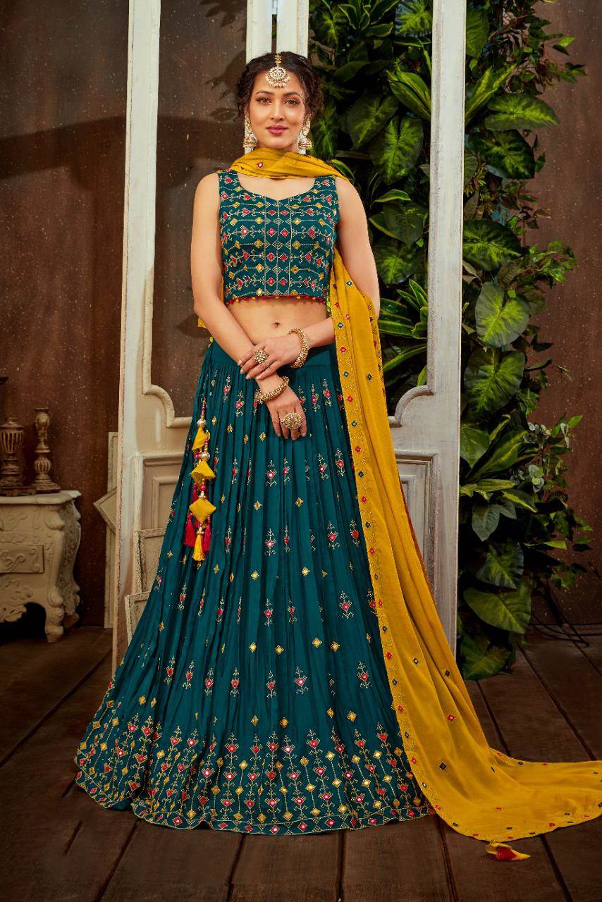 Ultramarine blue & green intricate jacquard unstitched banaras softy silk  lehenga with net embroidered dupatta