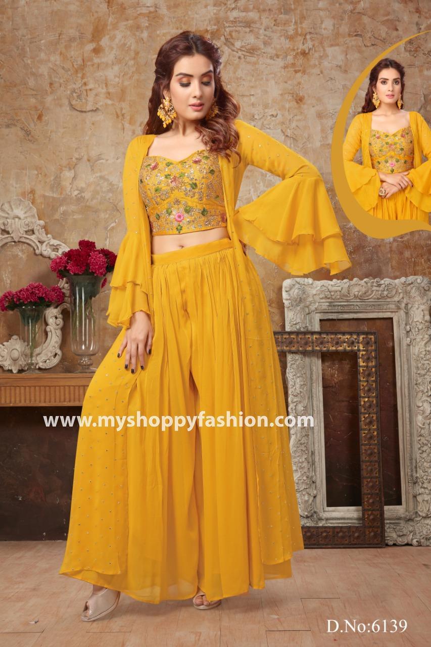 Shop Yellow Embroidered Georgette Crop Top Sharara with Jacket From Ethnic  Plus