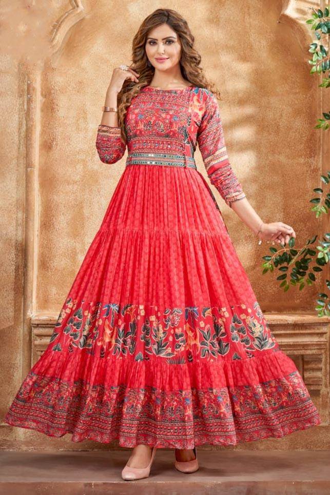 Georgette Printed Designer Party Wear Gown, Red at Rs 420 in Surat