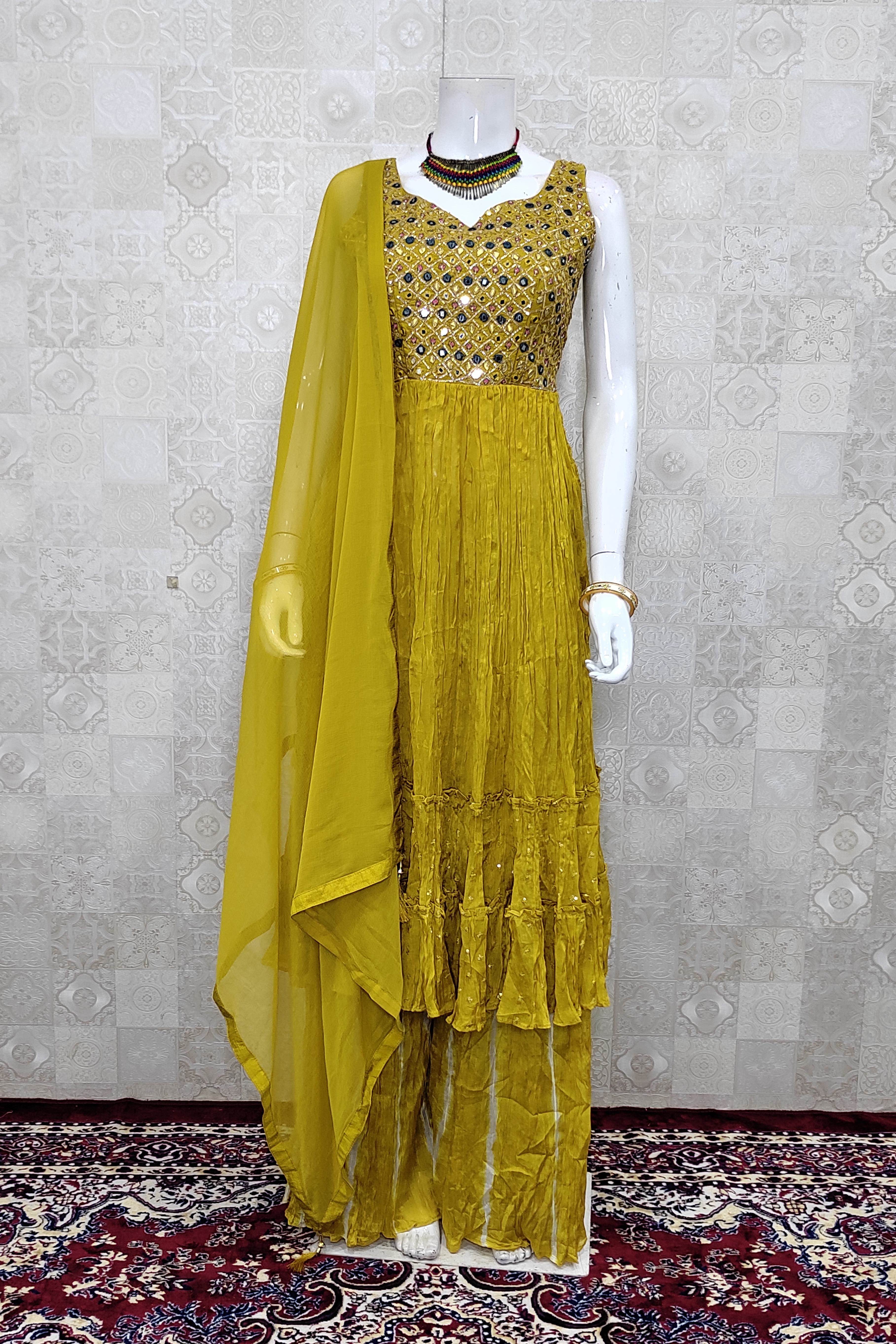 Pale Yellow Colour Crepe High-Low Kurta with Frill Palazzo and Ice Blue  Colour Net Dupatta