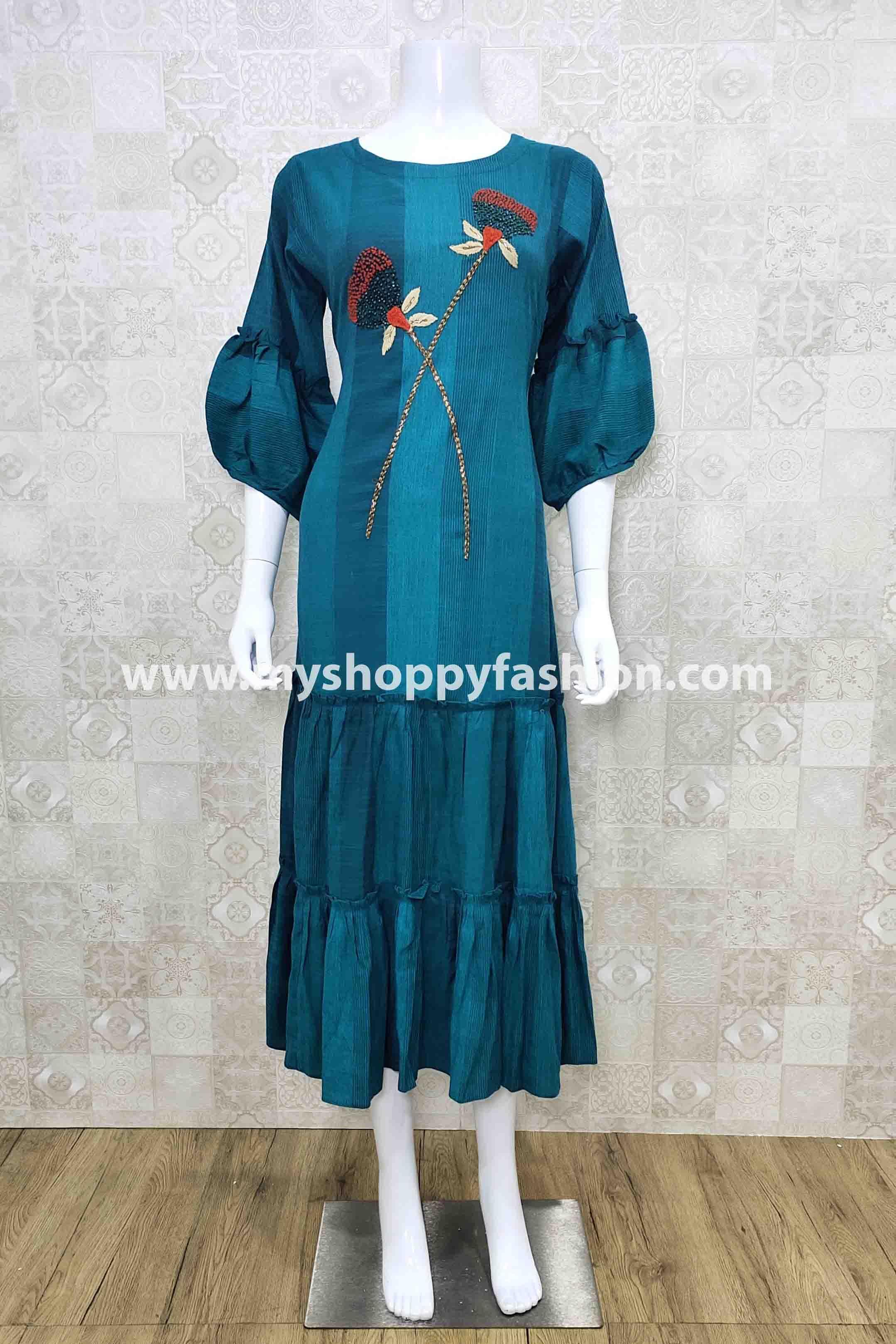 Firozi Color Party Wear Gown Kurti :: MY SHOPPY LADIES WEAR