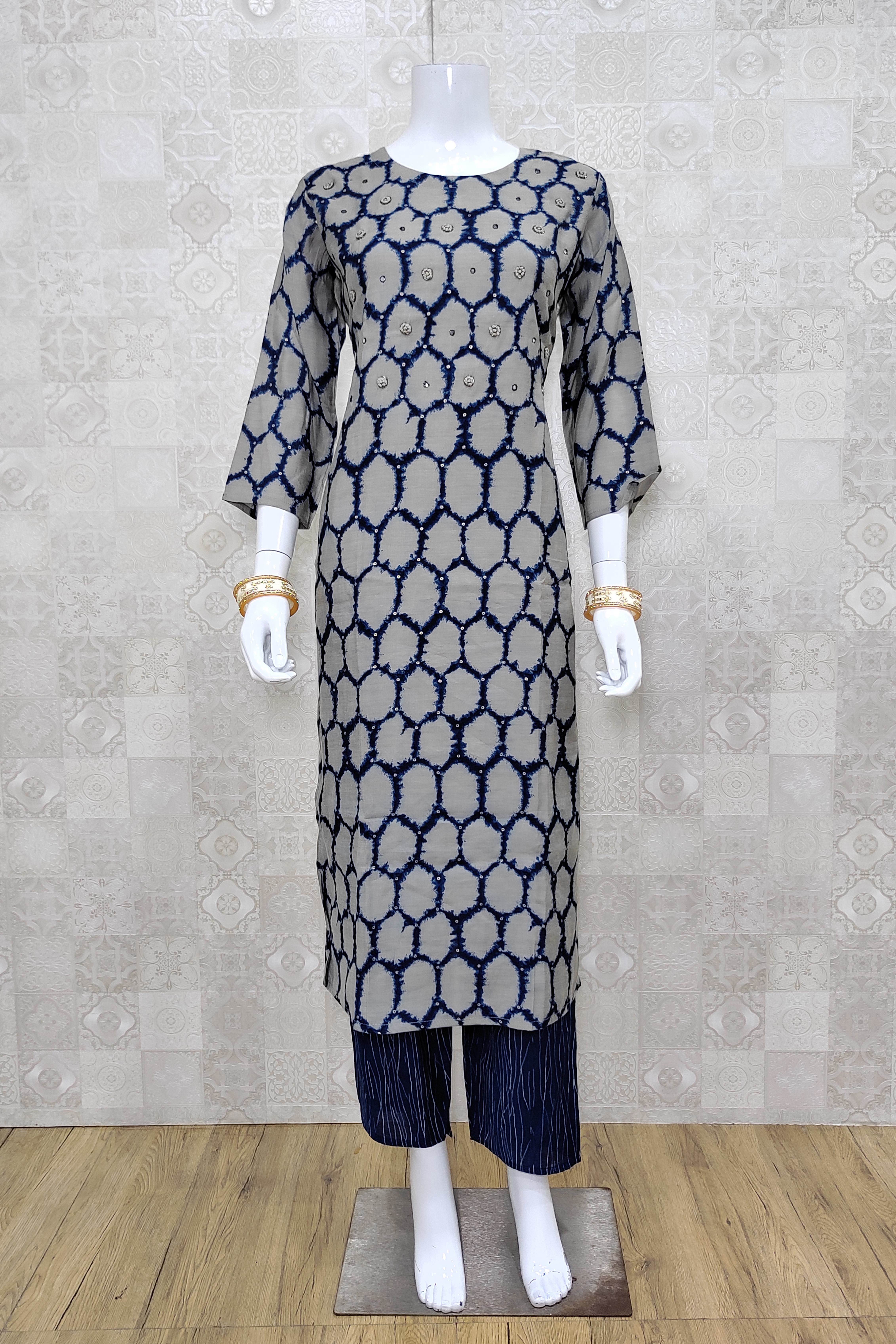 Buy Satrangi Navy Blue Rayon Slub Kurti With Beautiful Pink Resham Work  (Size : XL) at Amazon.in