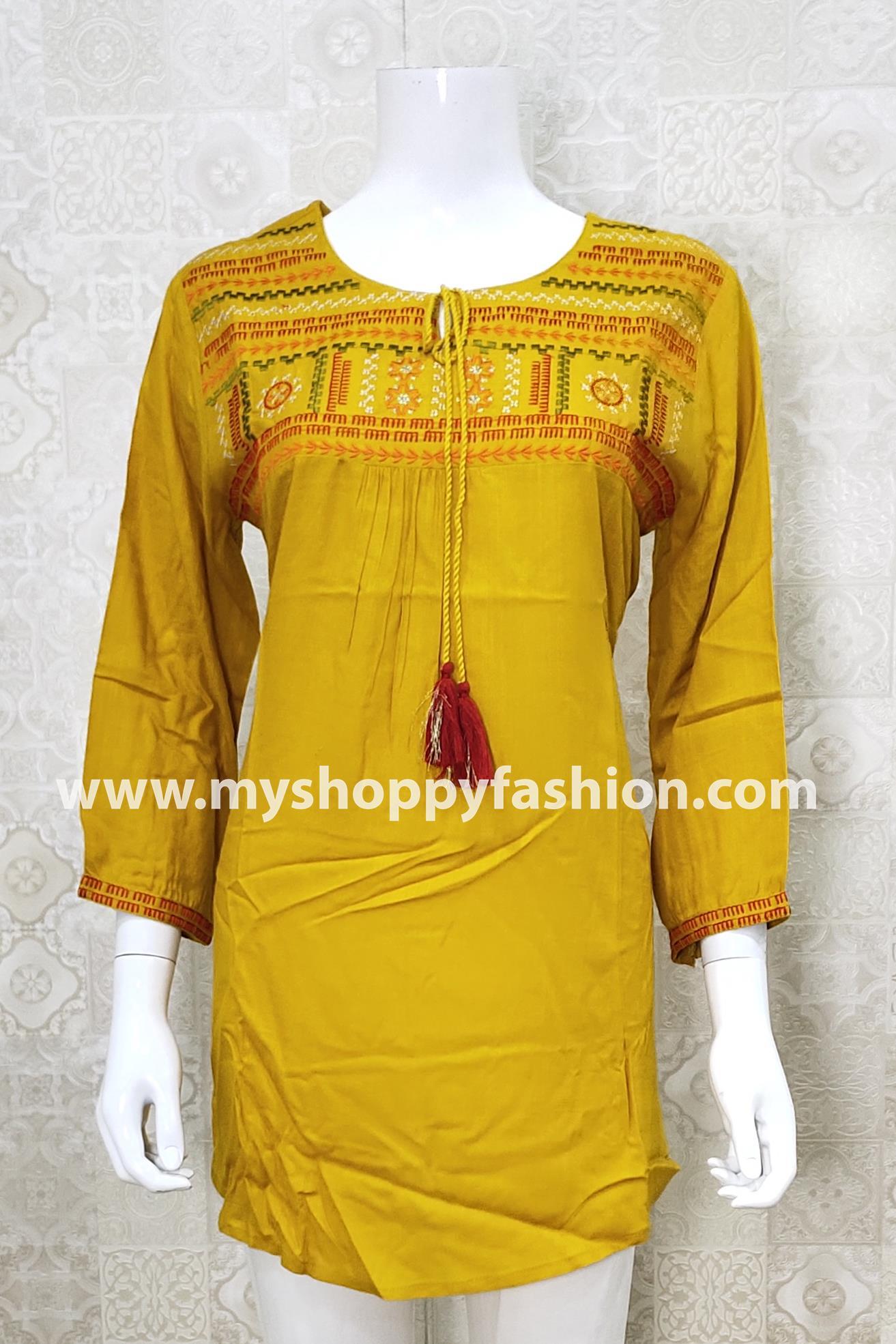 Women Stylish Mustard Cotton Short Kurti With Elegant Print