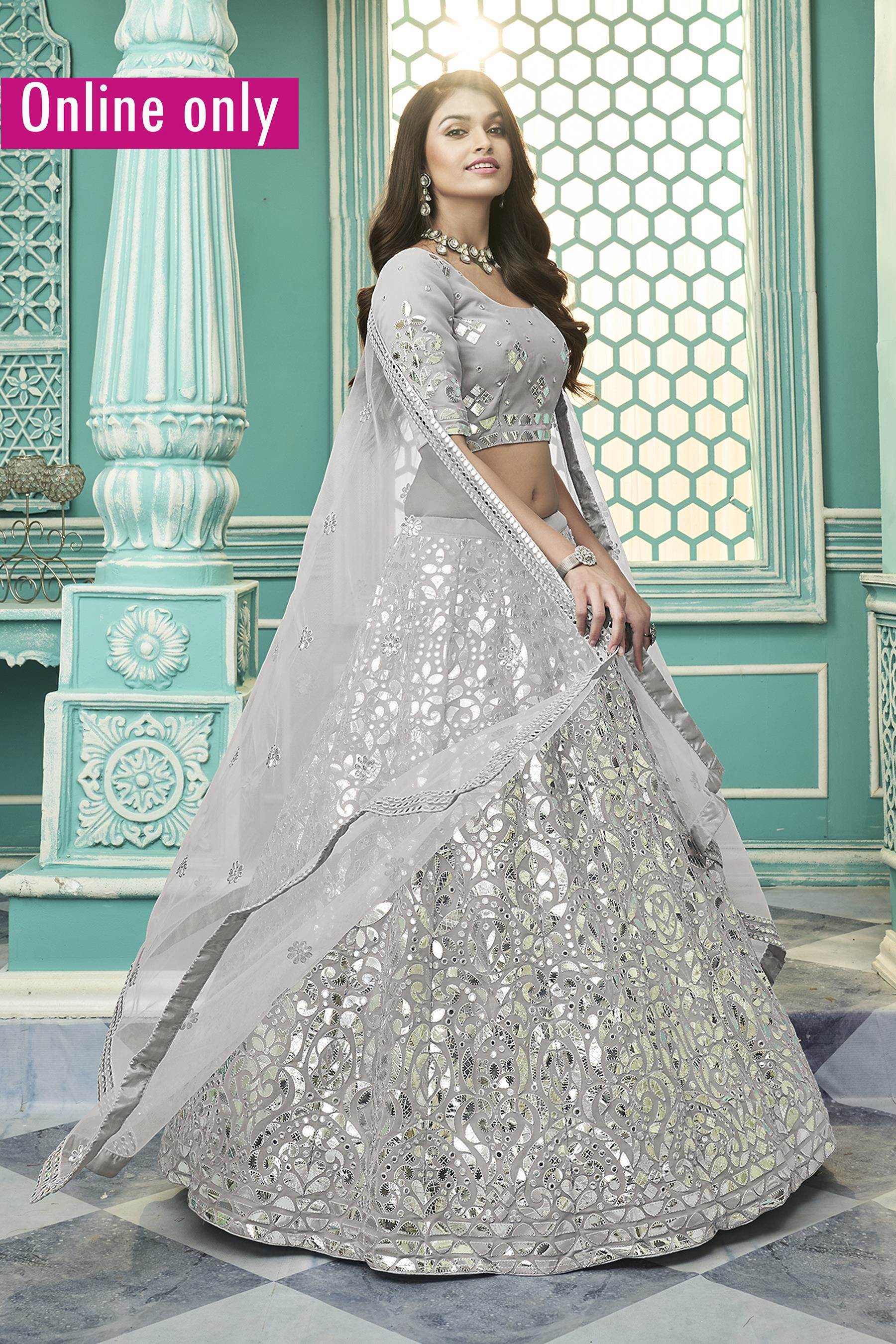 Buy Grey Chanderi V Neck Lehenga Set For Women by Mishru Online at Aza  Fashions.