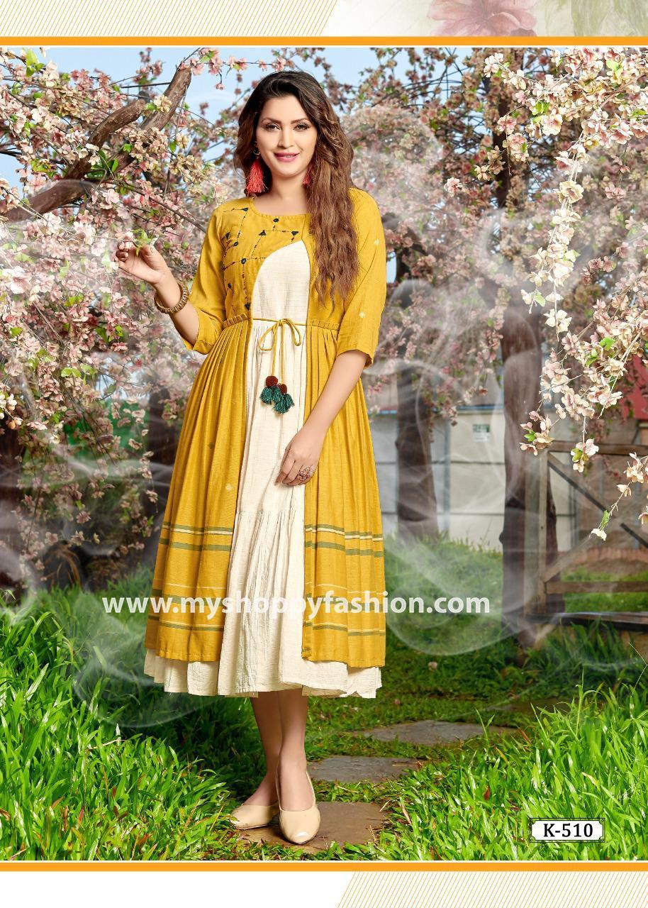 Yellow and White Color Combination Gown Kurti :: MY SHOPPY LADIES WEAR