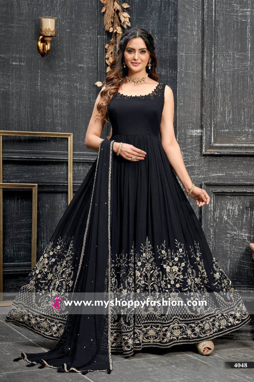 navy blue georgette with embroidery sequence work long gown for women –  g2gfashion.com