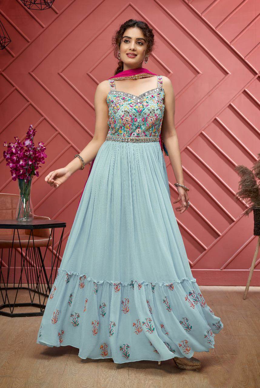 Classic Floral Sky Blue Color American Creep Silk Gown | Silk gown, Ladies  gown, Long gown design