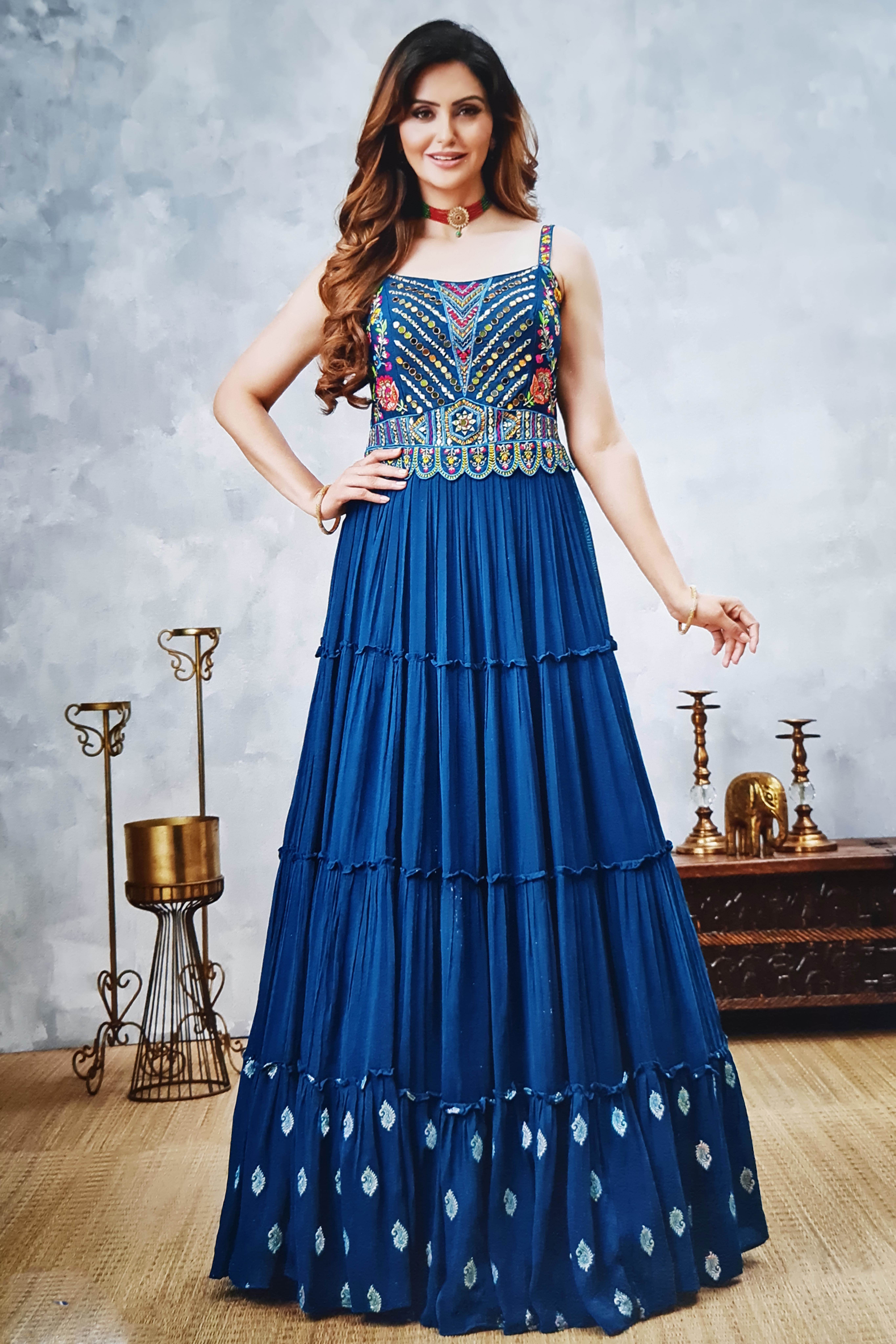 Long Gown Dress In Blue Color With Jacard border - Spegrow Mart-cheohanoi.vn